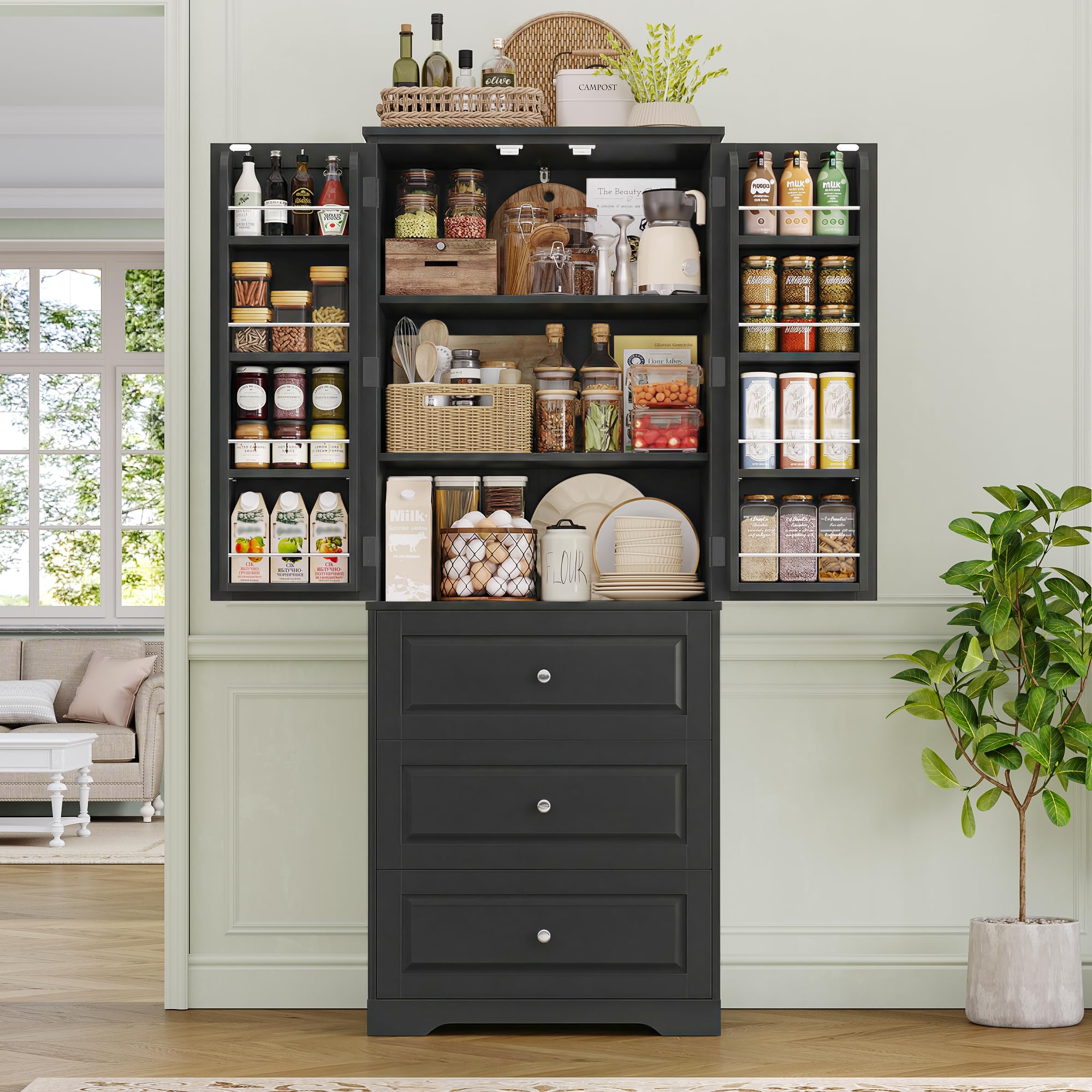 FOREHILL 150cm Credenza Cucina con 3 Cassetti, Dispensa Cucina con 8 Ripiani della Porta, Mobile Dispensa a 2 Ripiani Regolabili, per Sala da Pranzo, Soggiorno, 60x40x150 cm (Nero)
