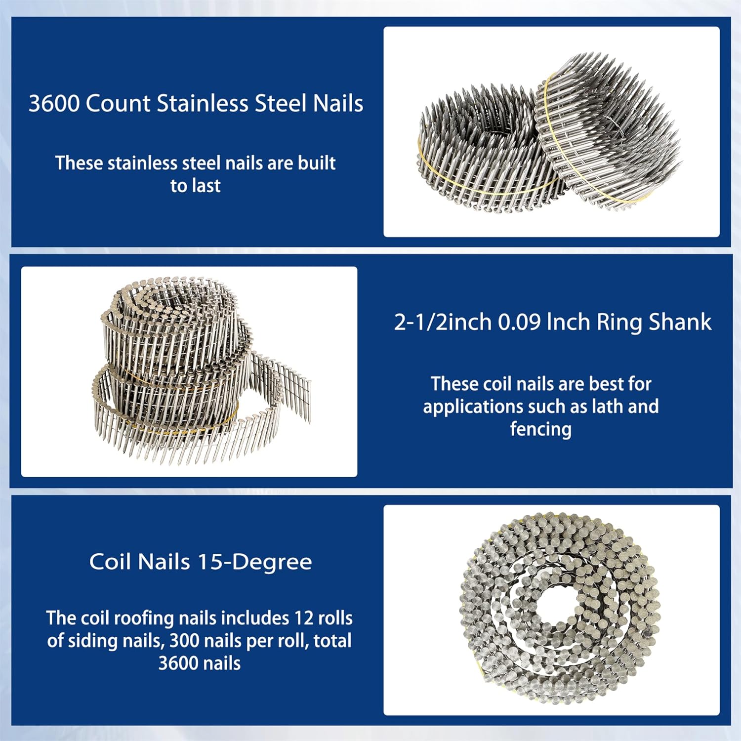waltyotur 3600 Count Stainless Steel Coil Roofing Ring Shank Siding Nails 15-Degree Collated Wire Coil 2-1/2 Inch, 0.09 Inch Ring Shank, Small Cap Coil Stud Siding Nails