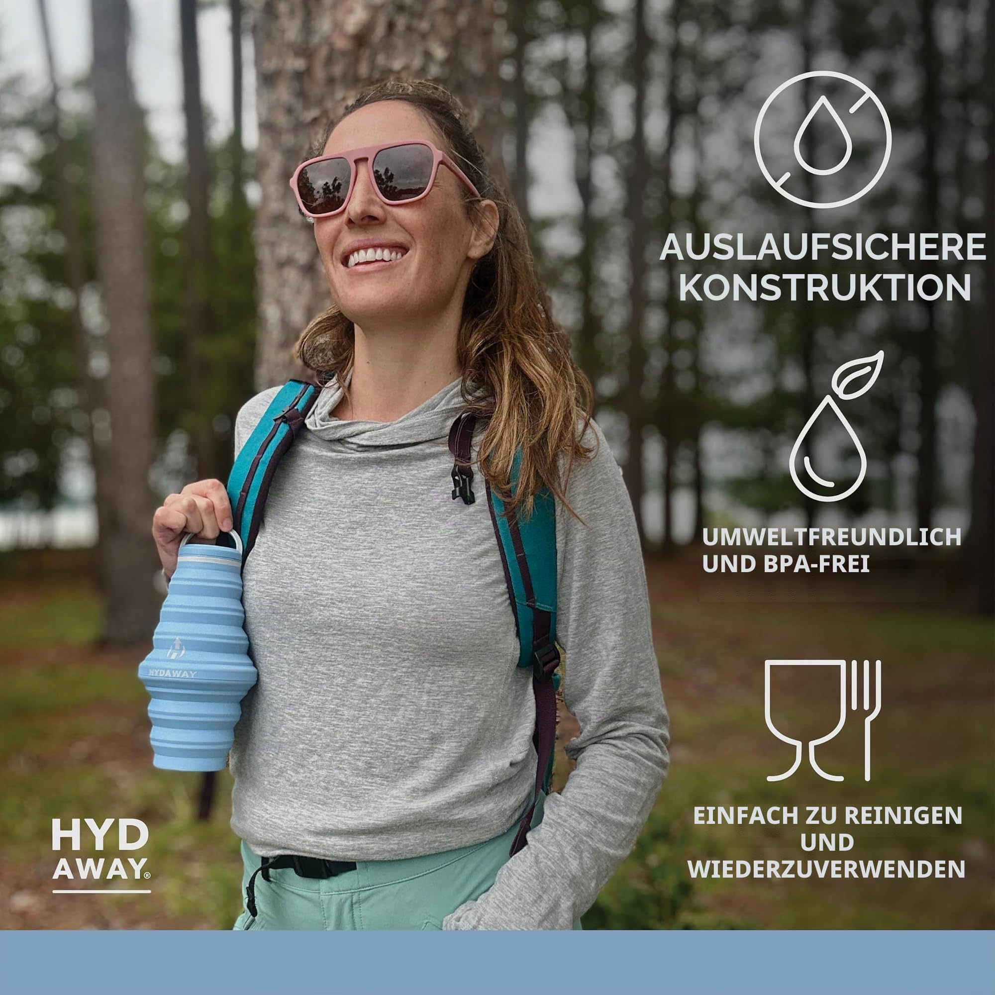 HYDAWAY | zusammenklappbare Wasserflasche mit Auslaufdeckel| ultra-packbar und reisefreundlich | aus lebensmittelechtem Silikon | 750 ml | Design mit großer Kapazität. Flach zusammenklappbar für Handgepäck, Tagesrucksäcke, Wanderrucksäcke. Auslaufsicher,