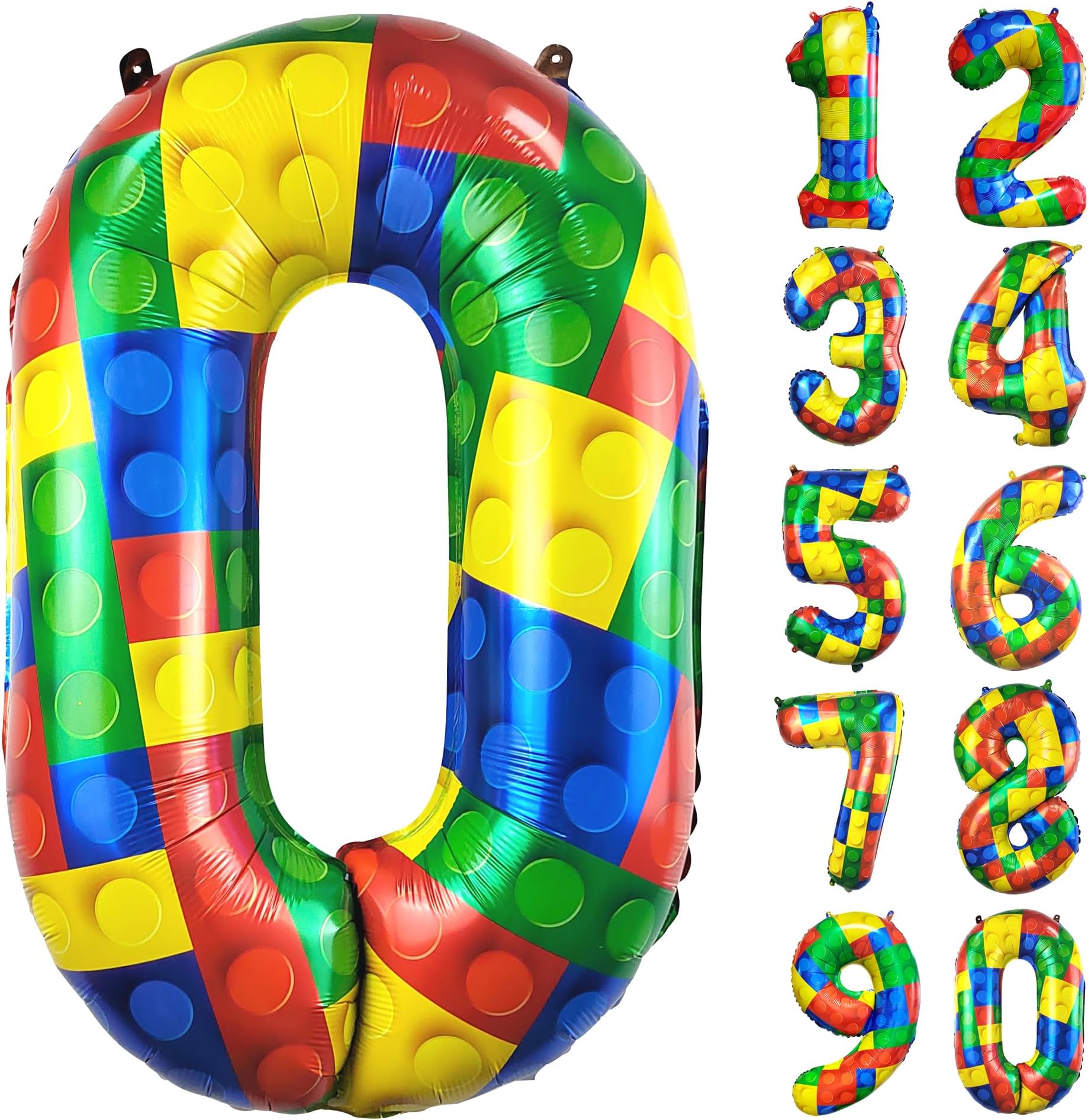 32Inch Building Block Number Balloon Building Block Colorful 0 Number Foil Large Helium Balloon For boys girls Kids Birthday Brick Theme Party Decor Supplies 0