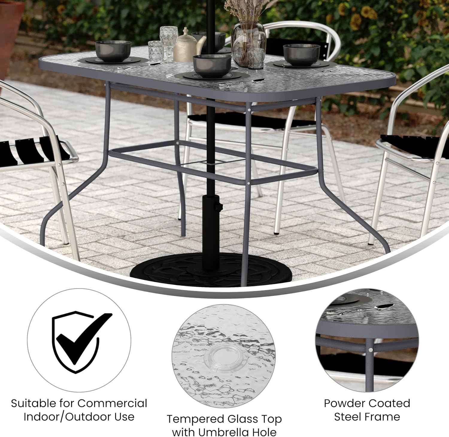 EMMA + OLIVER Tala Patio Dining Table - Silver Metal Frame - 31.5" x 55" Square Tempered Glass Top - Umbrella Hole - Suitable for Indoor/Outdoor Use