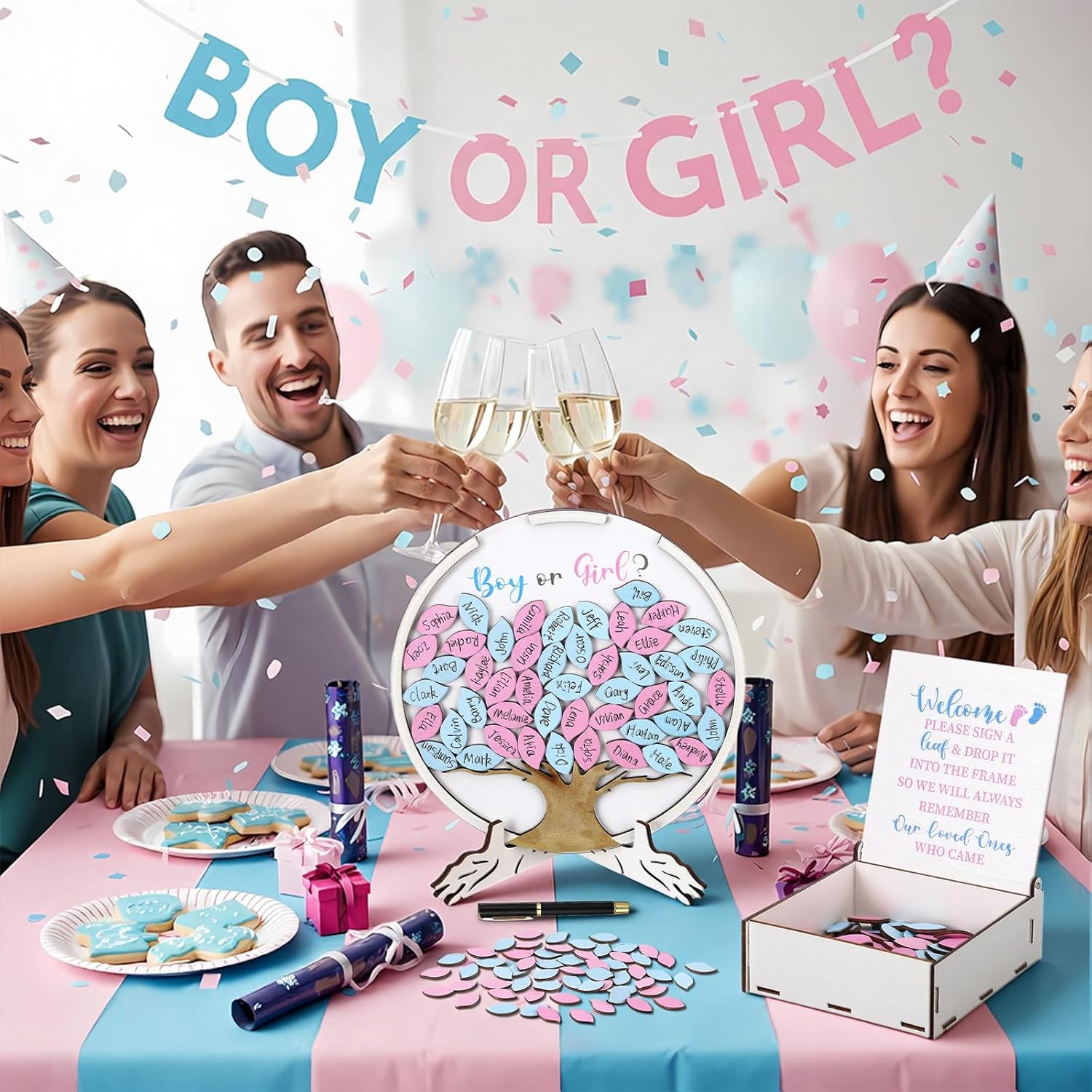 AceOrbit 63 Pcs Gender Reveal Guest Book Boy or Girl Guest Voting Book Alternatives Set Gender Reveal Decorations Gifts Ideas with 60 Wood Slices for Baby Shower Voting Games Party Supplies(Tree)