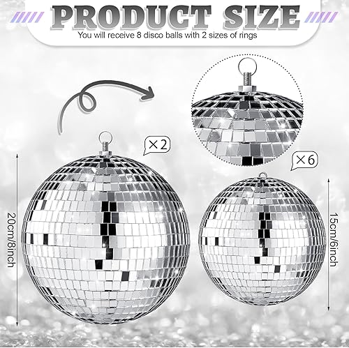 Miniatura 3 de Juego de 8 bolas de discoteca grandes con espejo plateado, bolas reflectantes con anillo para colgar, adorno colgante de fiesta, decoración para