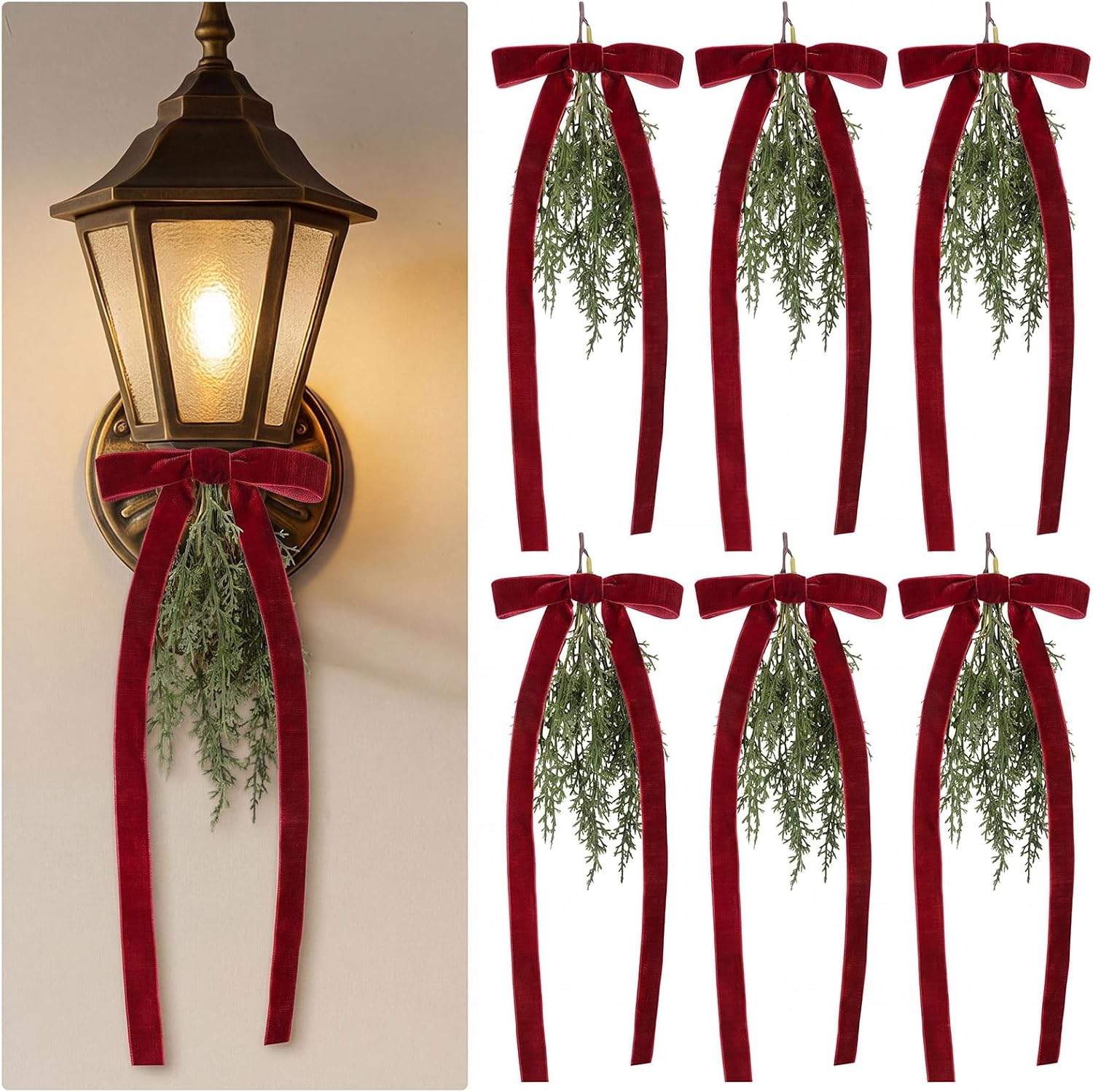 Suncalla 6 Christmas Teardrop Swag Burgundy Velvet Bow 16" Pine Light Decor