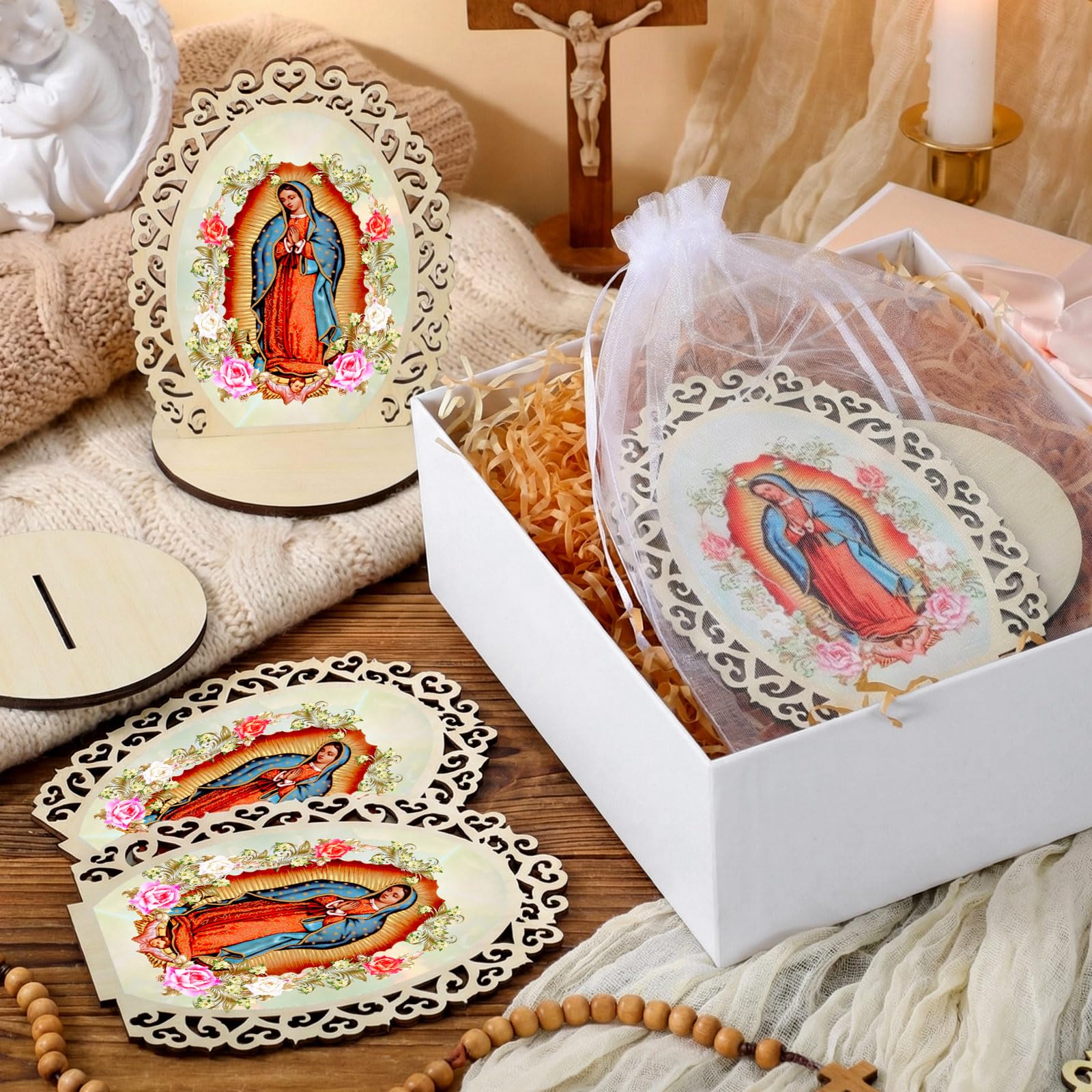 Soaoo Holzstatuen "Our Lady of Guadalupe", "Virgen De Guadalupe", Bilderrahmen, Taufgeschenke für Gäste, Taufaufaufaufaufsätze für Tisch, Erstkommunion, katholische Gastgeschenke, oval, 24 Stück