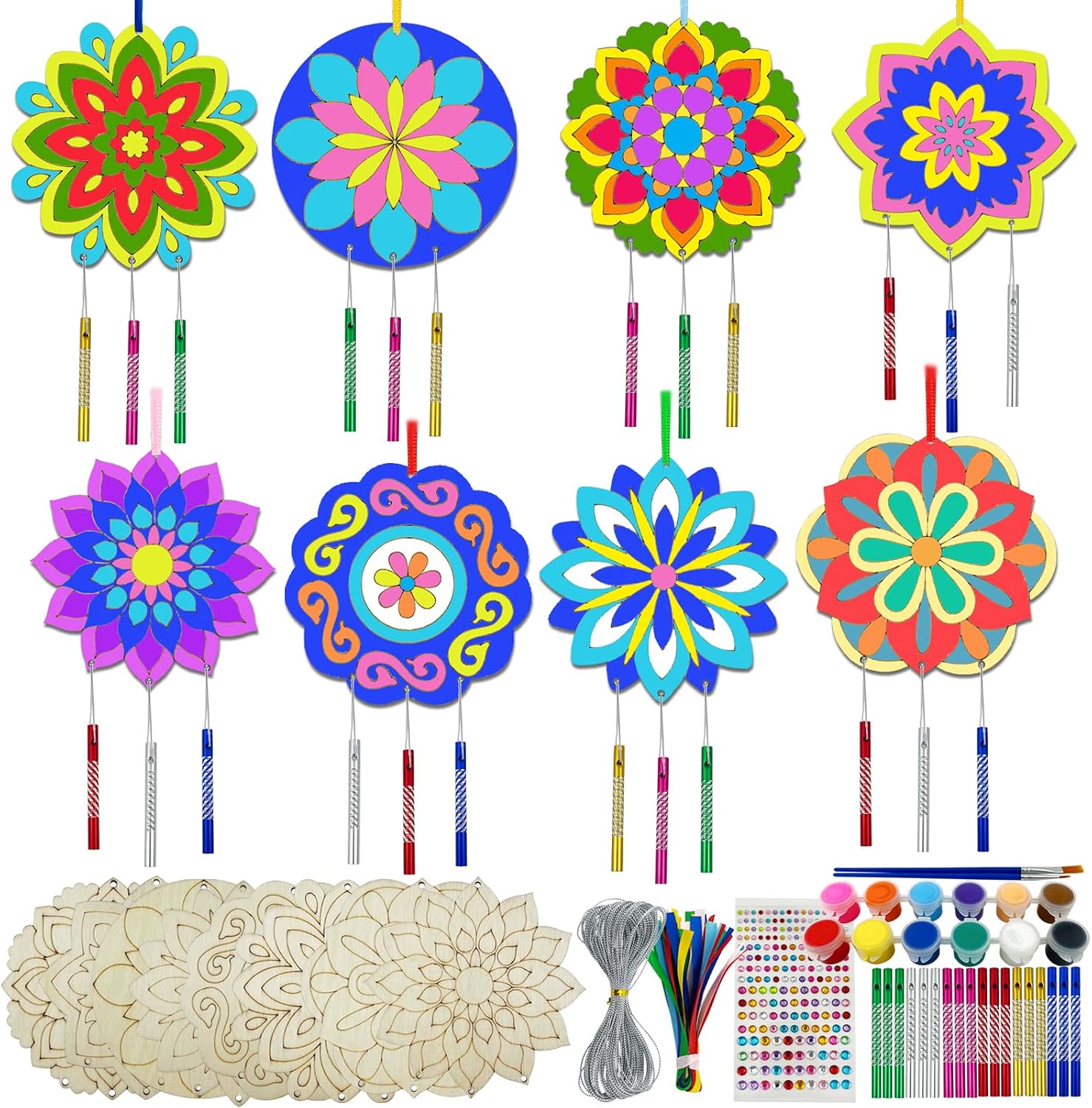 JEKEJIAJIU 24 Sets Mandala Wind Chime Kit for Kids Make You Own Mandala Craft DIY Coloring Wooden Mandala Art and Craft for Kids Gifts School Home and Party Supplies