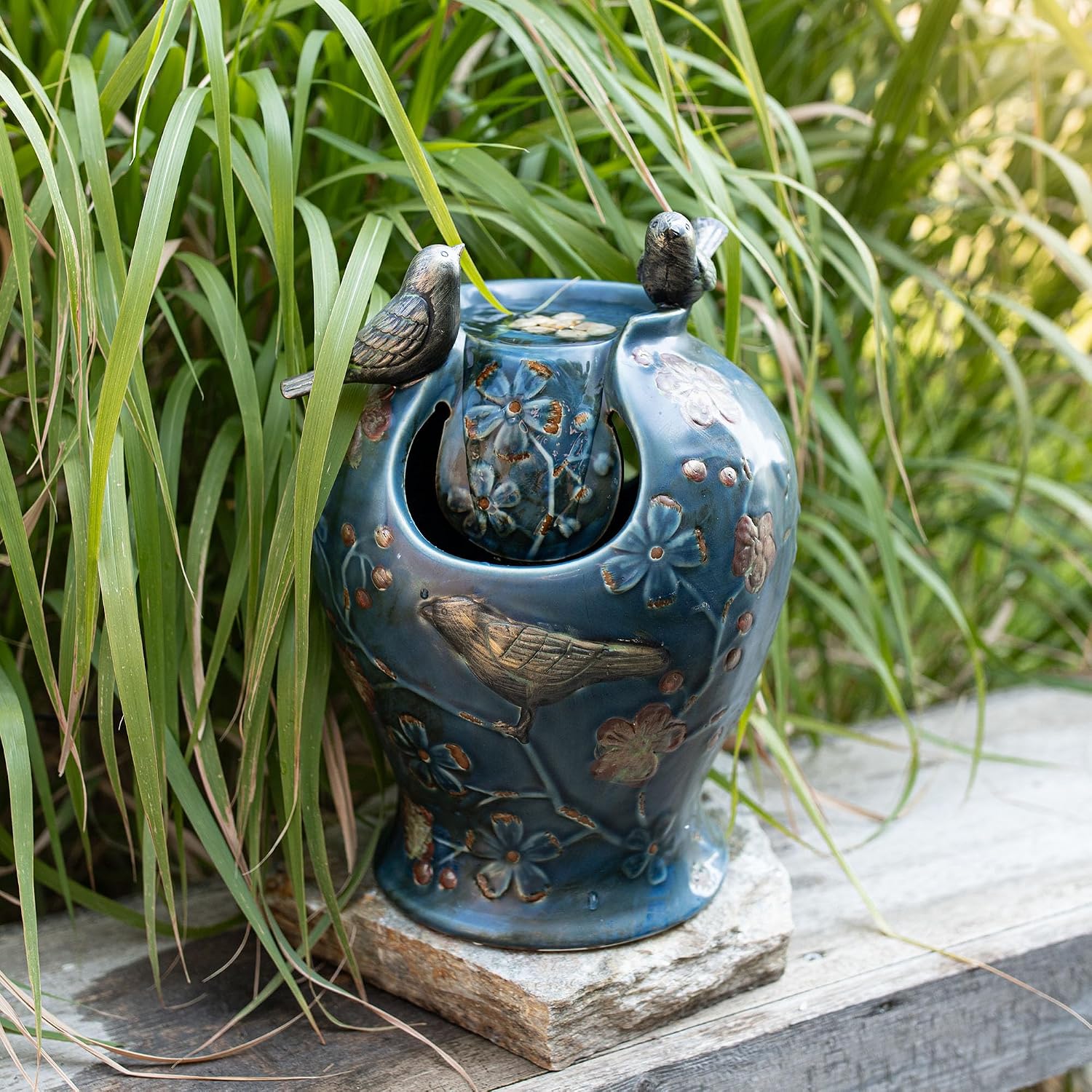Blue Verdigris Bird Indoor Water Fountain with LED Light and Pump