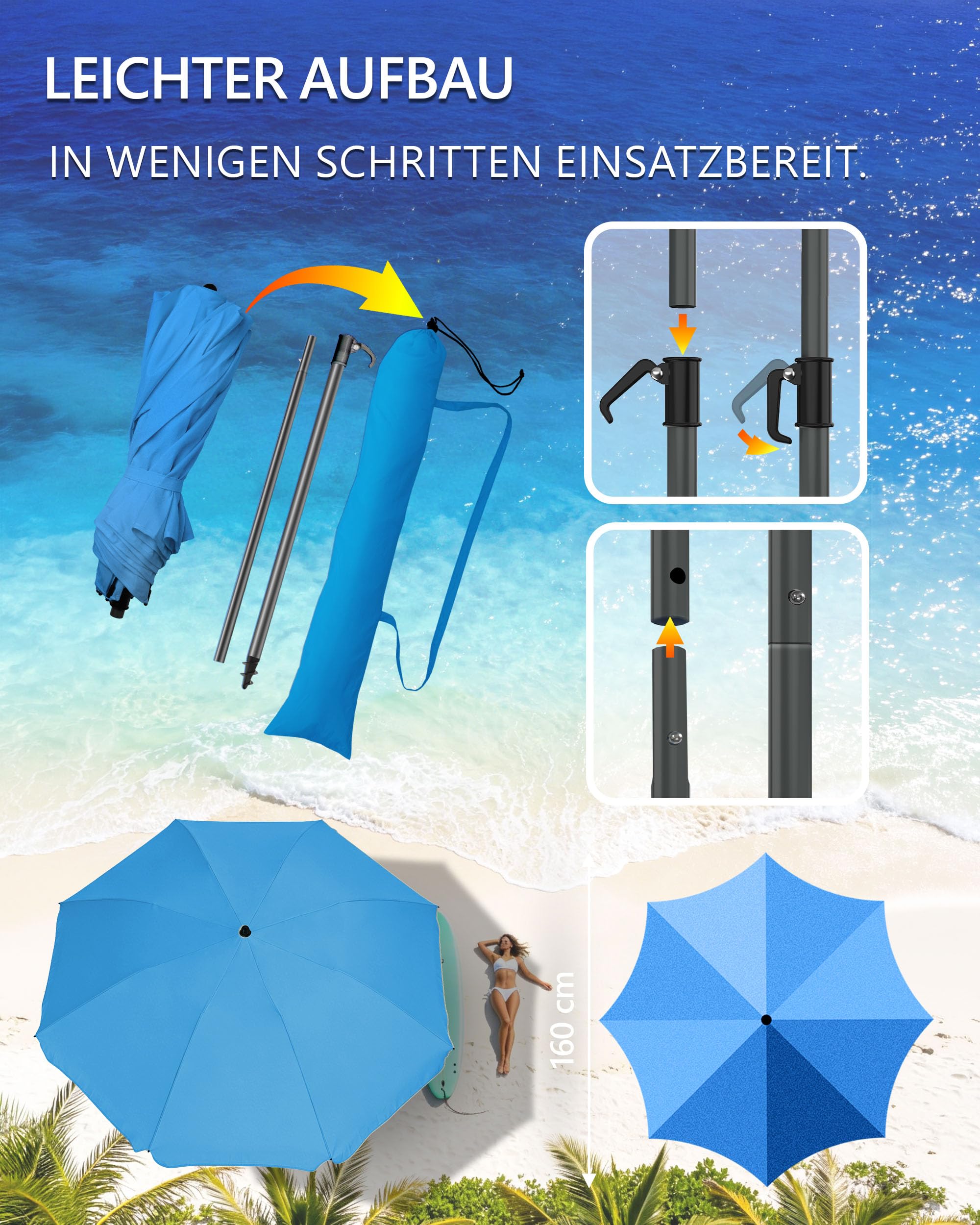 4smile Sonnenschirm Strand Ø 160 cm - UPF 50+ Praktischer Reise Sonnenschirm für Koffer - Funktioneller Strandschirm klein faltbar, kompakter Strandschirm koffertauglich
