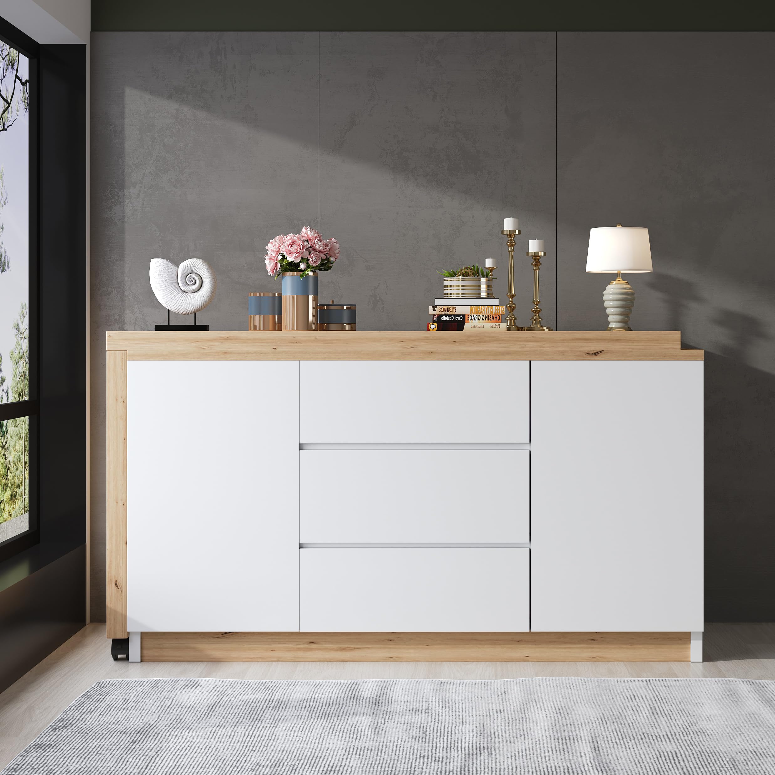 Lexiou Escritorio con ruedas con bloqueo, diseño multifuncional, 4 cm más grueso, mesa giratoria con bloqueo fijo, escritorio plegable, escritorio de esquina, aparador (roble + blanco)