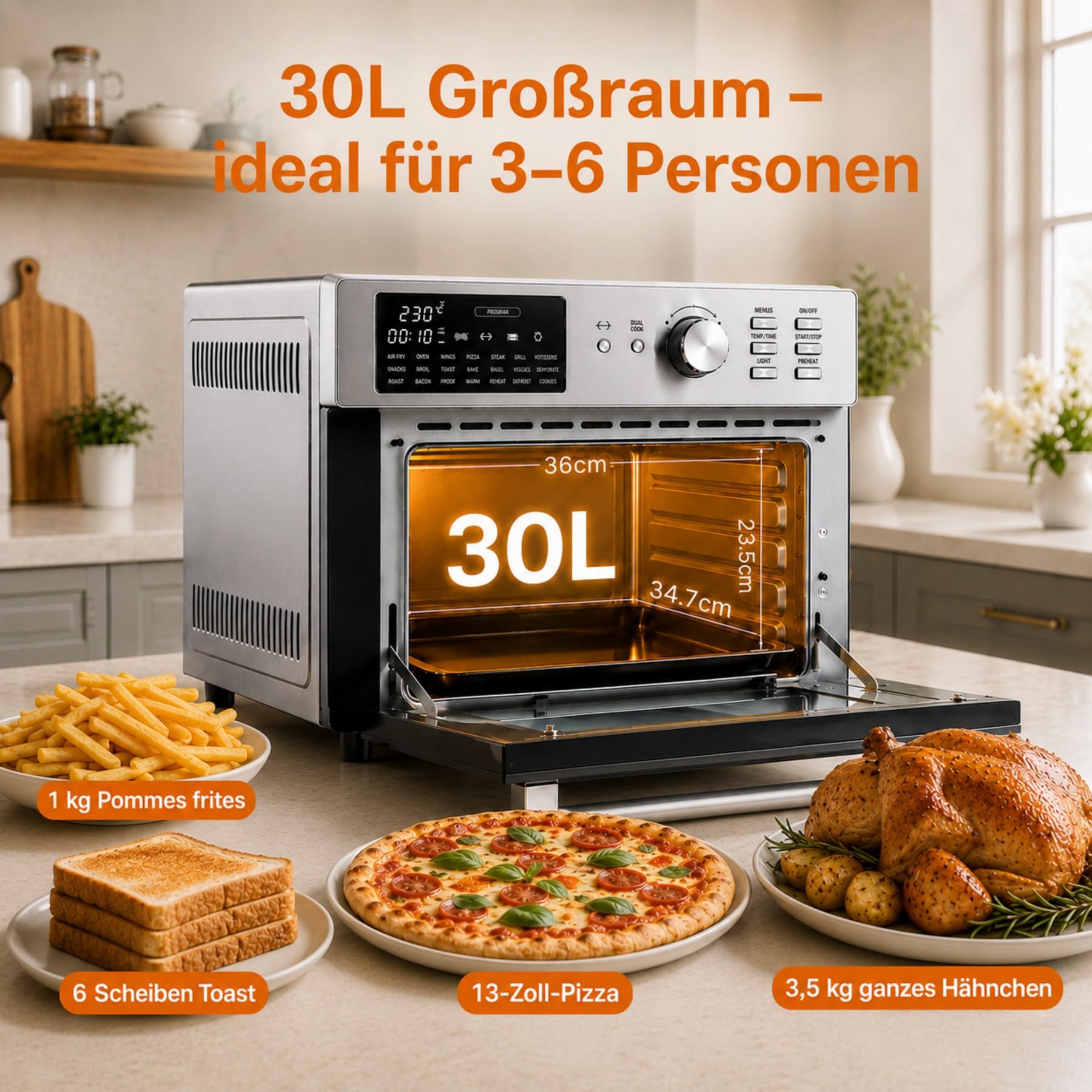 Heißluftfritteuse xxl 30°C-230°C, Mini backofen mit Umluft, 1800W Air Fryer Ofen, Große Kapazität für Familie mit Tür, Rotisserie, Grill, Joghurtbereiter Toaster Dörrautomat mit Dual Cook (Silber)