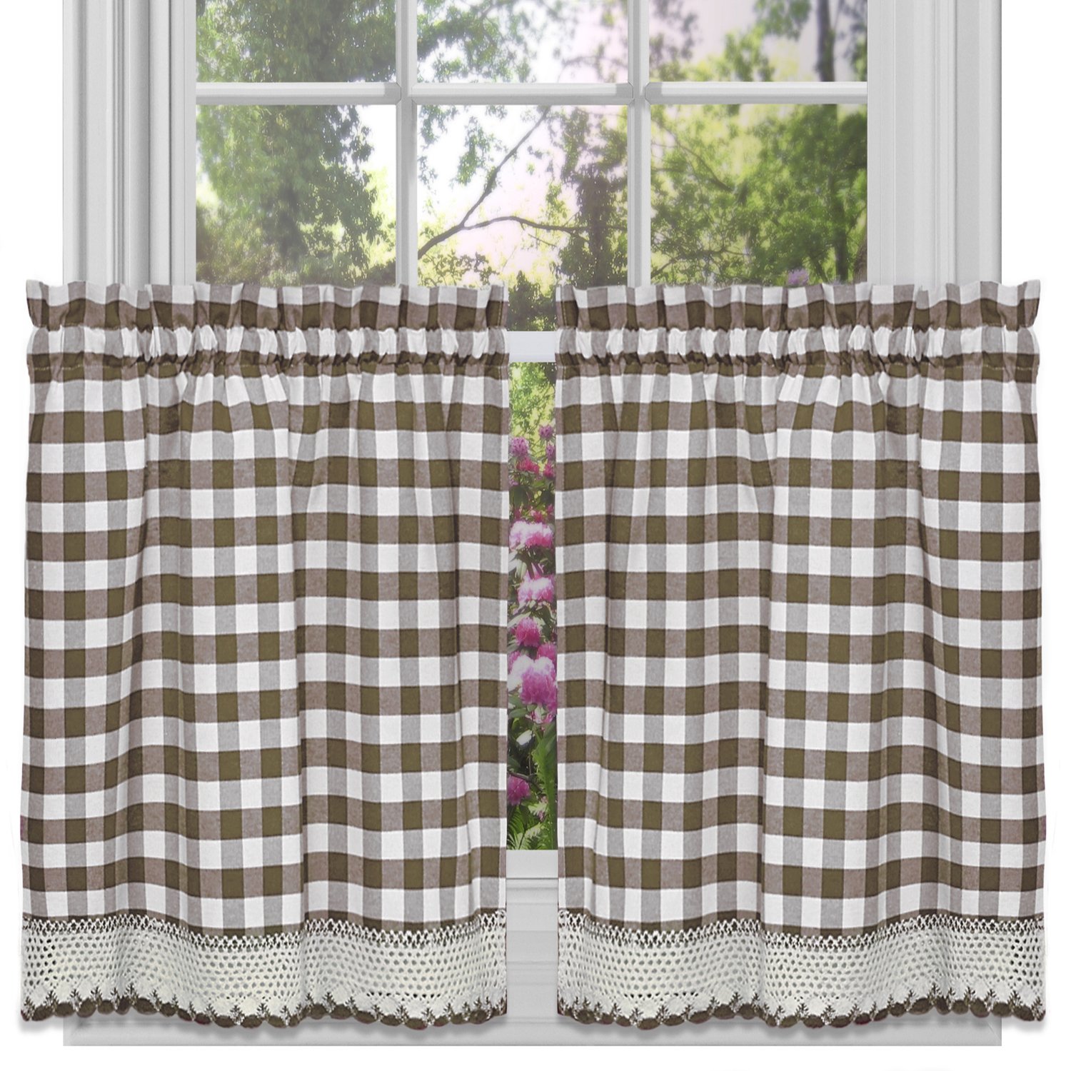 Sweet Home Collection Kitchen Window Curtain Panel Treatment Decorative Buffalo Check Design, 36" Tier, Taupe