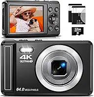 Câmera Digital 4K,Fotográfica para Vlog 64MP, Foco Automático, Zoom 16X,Tela IPS de 2.8 Polegadas para fotografia, Flash, Cartão SD de 32GB, Câmera Compacta,para Crianças e Adolescentes