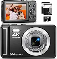 Câmera Digital 4K,Fotográfica para Vlog 64MP, Foco Automático, Zoom 16X,Tela IPS de 2.8 Polegadas para fotografia, Flash, Cartão SD de 32GB, Câmera Compacta,para Crianças e Adolescentes