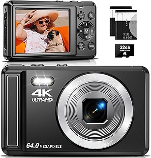 Câmera Digital 4K,Fotográfica para Vlog 64MP, Foco Automático, Zoom 16X,Tela IPS de 2.8 Polegadas para fotografia, Flash, Cartão SD de 32GB, Câmera Compacta,para Crianças e Adolescentes