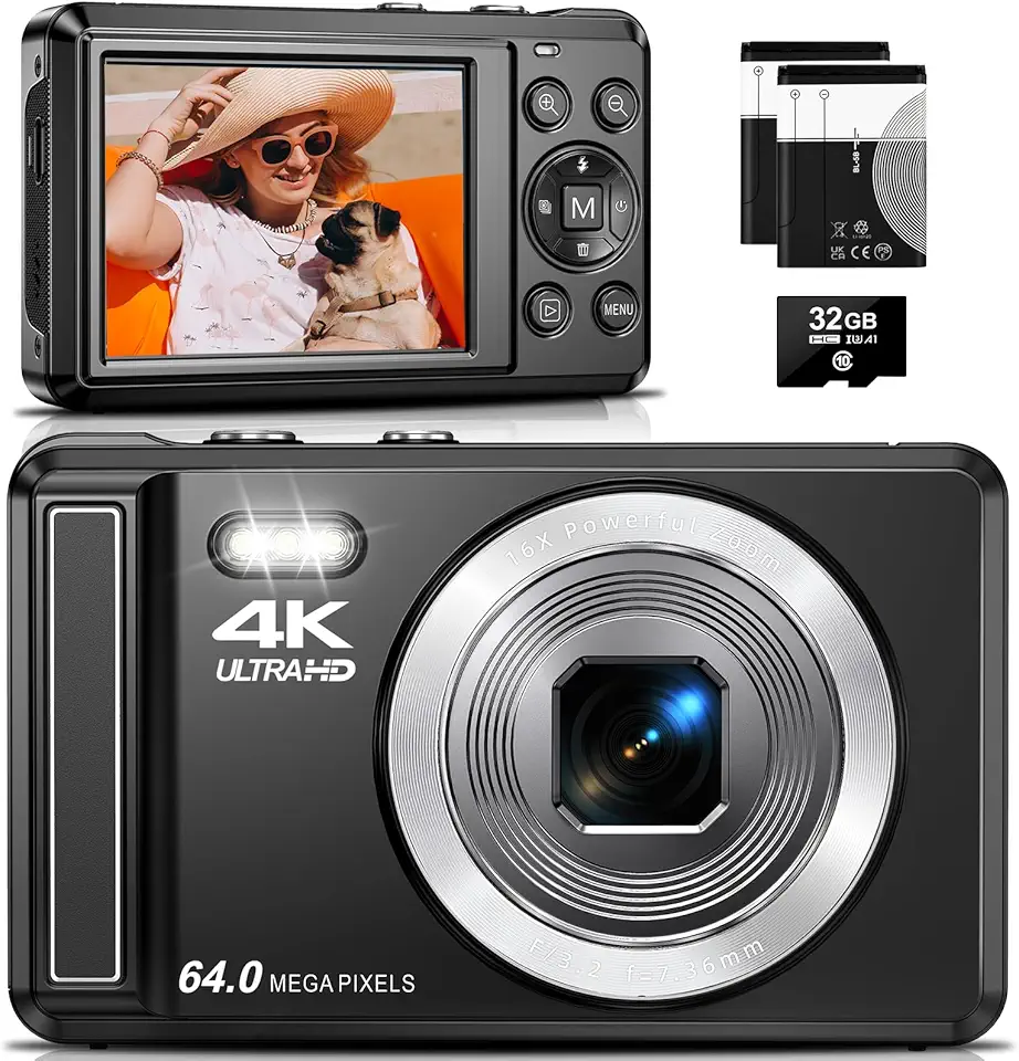 Câmera Digital 4K,Fotográfica para Vlog 64MP, Foco Automático, Zoom 16X,Tela IPS de 2.8 Polegadas para fotografia, Flash, Cartão SD de 32GB, Câmera Compacta,para Crianças e Adolescentes