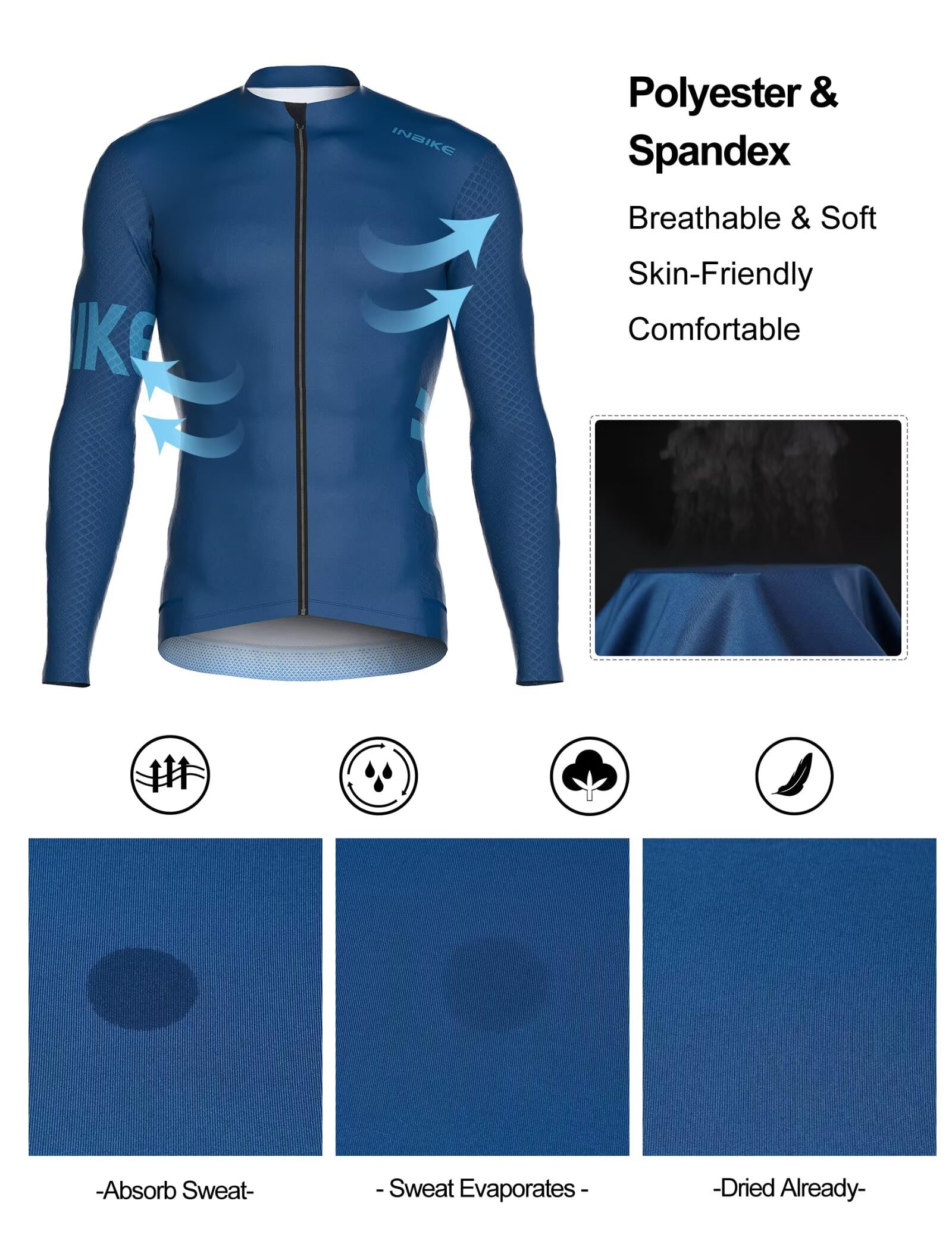 INBIKE Maillot de cyclisme pour homme, manches longues, séchage rapide, avec poches, anti-humidité, pour vélo de route VTT