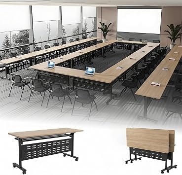 Folding Conference Room Table on Wheels, Flip Top Mobile Training Desk, Modular Nesting Meeting Table for Office, Classroom, Seminar, Space-Saving Design, Easy to Assemble