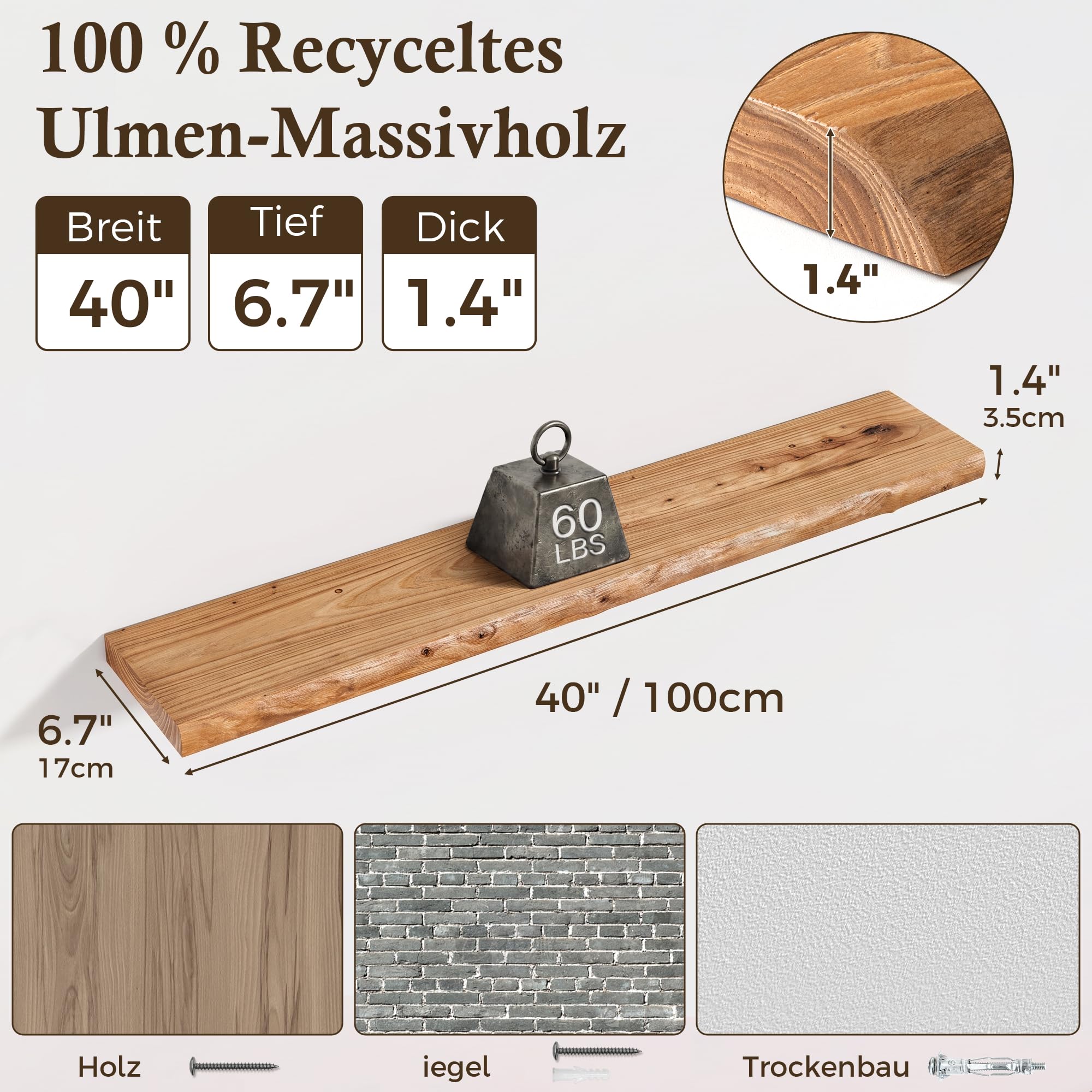 Feihorrm 100cm Wandregal Massivholz Ulmen Schweberegal mit Baumkante