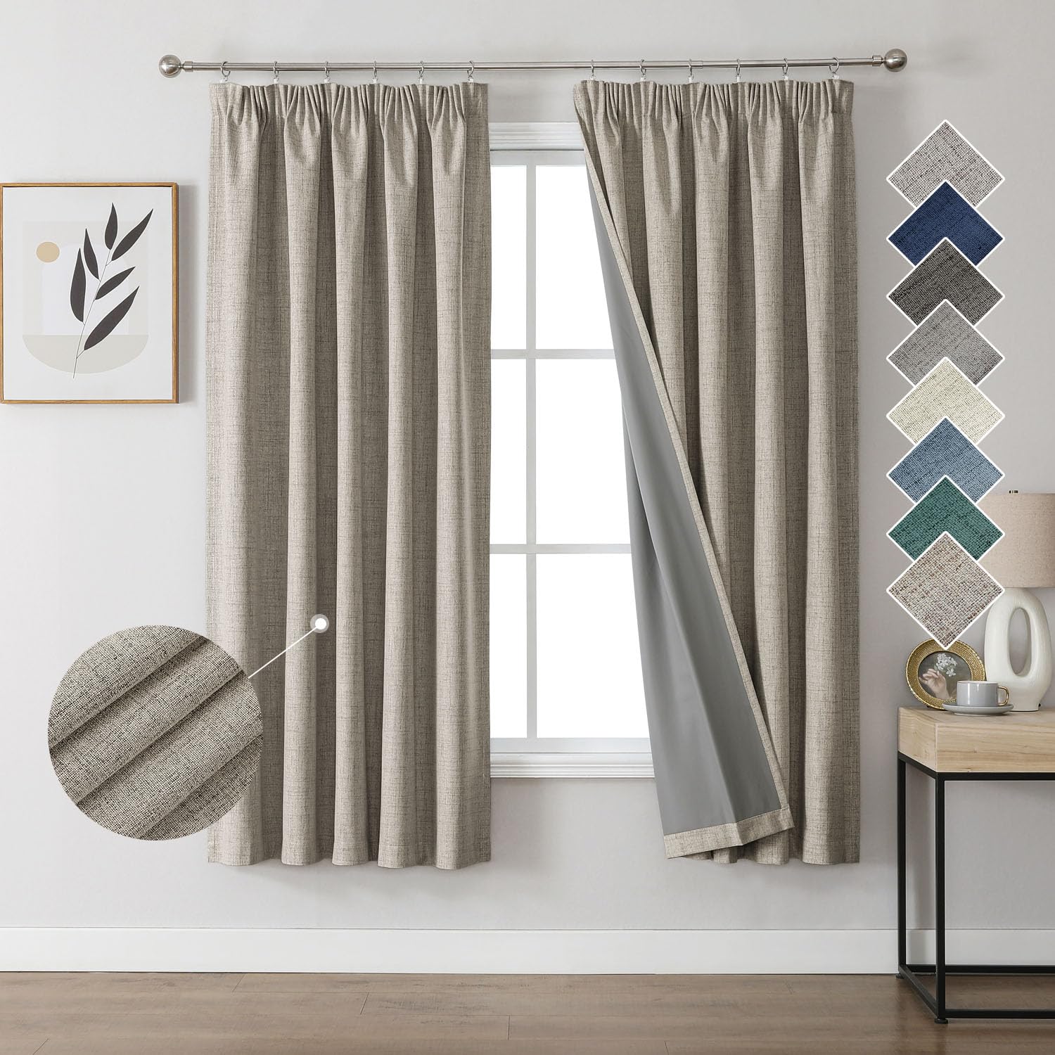 Joydeco 100% Verdunkelungsvorhänge Leinen Gardinen mit Kräuselband 2er Set H183xB132cm Leinen, Thermovorhang Kälteschutz Blickdicht Schallschutz Ideal für Wohnzimmer passt zu Schienensystemen