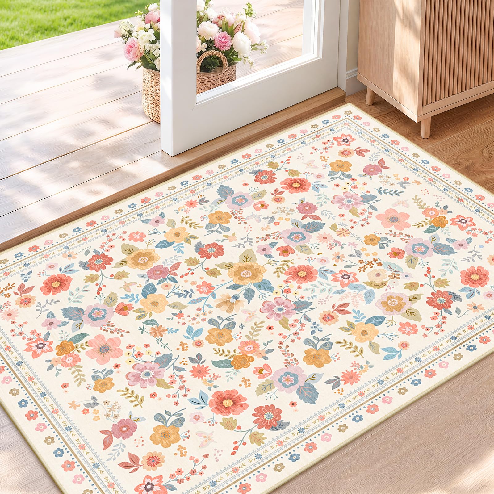 INOVADAY Washable Rug Floral Print 60x90 cm Cream Hallway Runner Rug — image 1