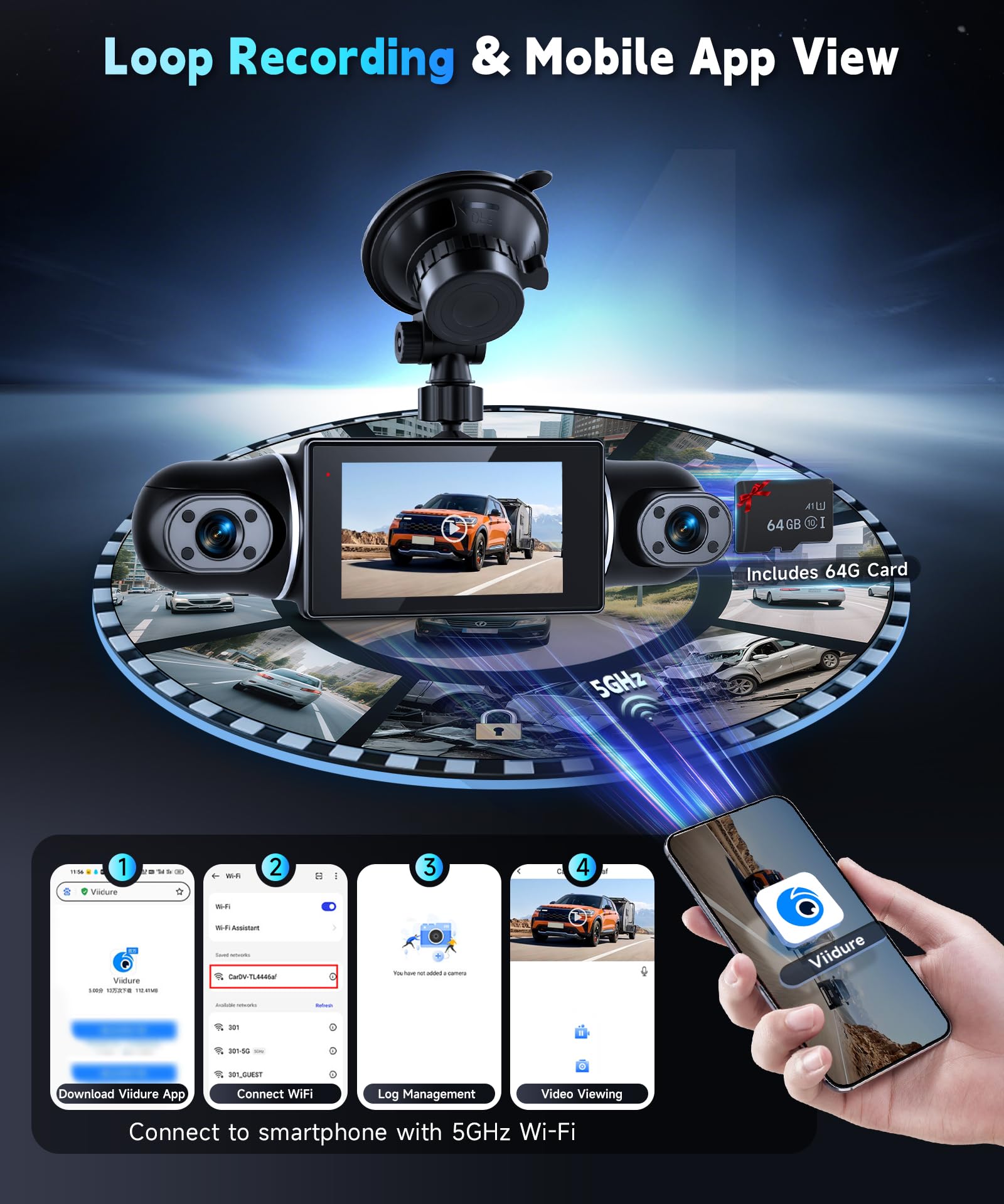 VECHTEL 2K Wi-FI Dashcam Auto avec Écran IPS de 3 Pouces Dash Cam Auto avec Vision Nocturne, SD 64GB Inclus, G-Sensor, 24H Mode Parking, Enregistrement en Boucle, Assistant de Recul