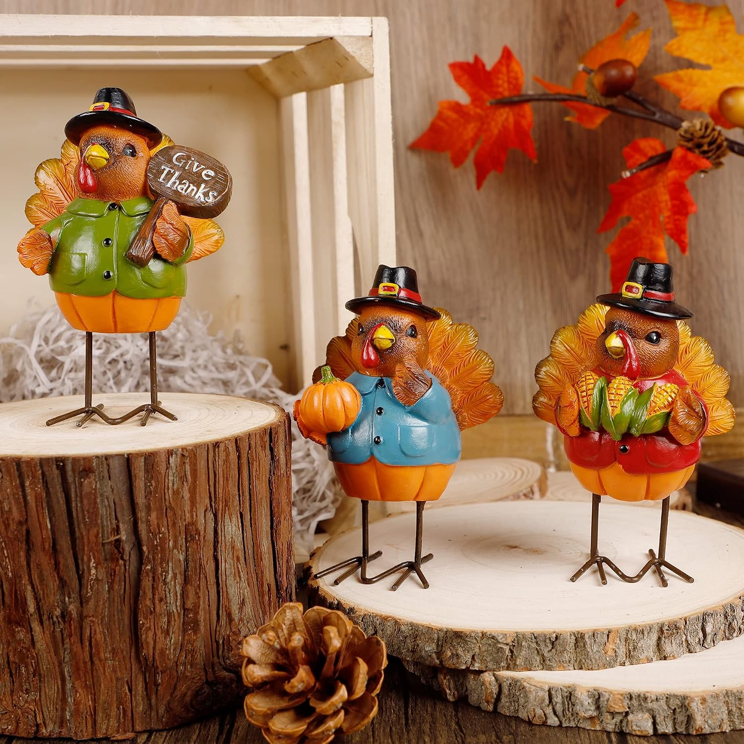 FORUP Thanksgiving Turkey Tabletop Centerpiece Decor, Set of 3 Resin Turkey Friends Decoration for Autumn Fall Thanksgiving Harvest Home Decorations image 3