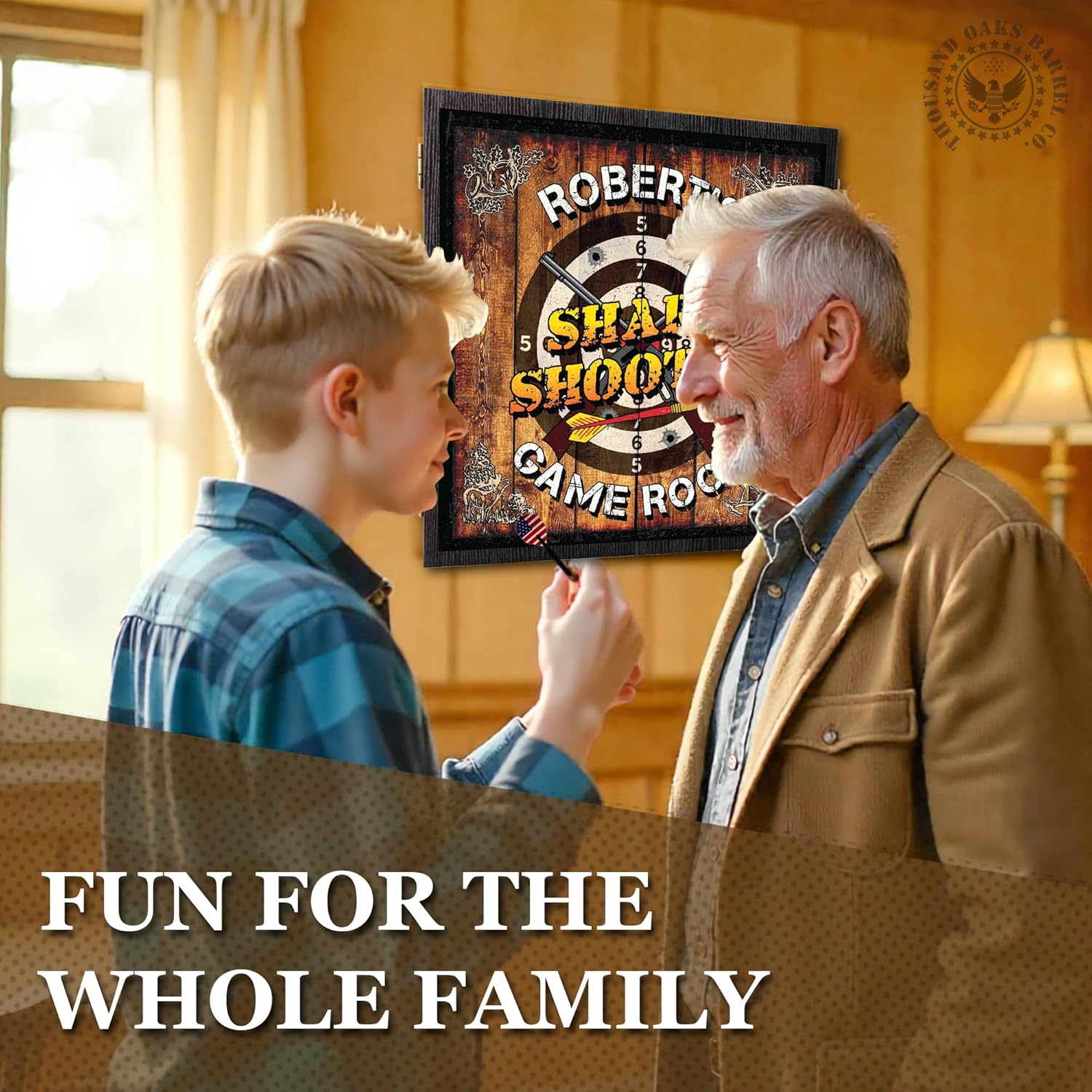 Personalized Dart Board Cabinet Set with 6 Steel Tip Darts, Paper Dartboard, Chalk & Eraser (21.5 x 21.5 x 2.75) - Man Cave Dart Boards for Adults