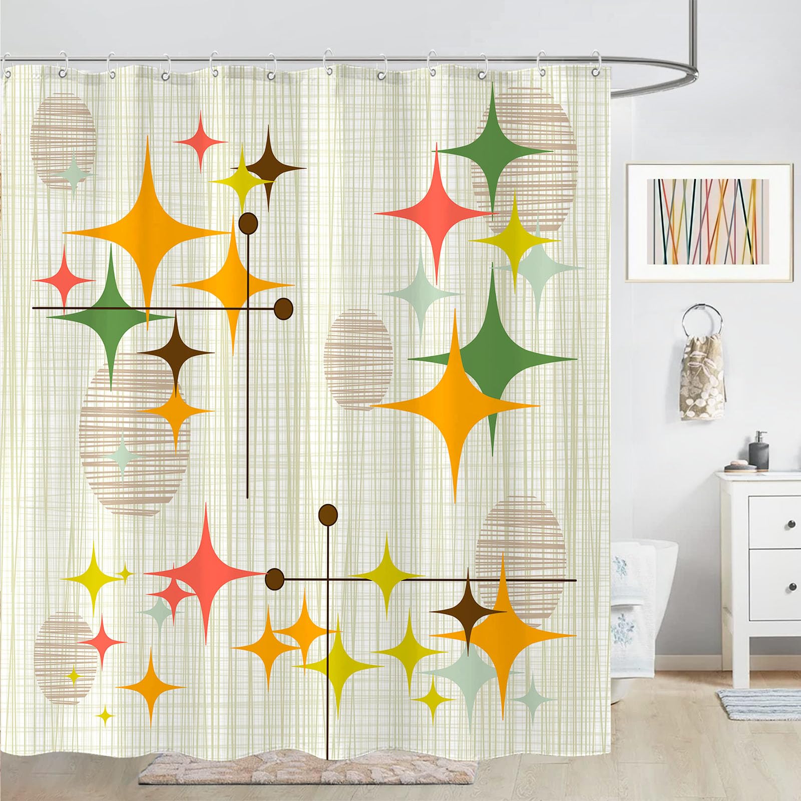 Zussun Long Mid Century Modern Shower Curtain Retro Stars Shower Curtains for Bathroom Abstract Vintage Boho Art Waterproof Fabric Bath Curtain Decor