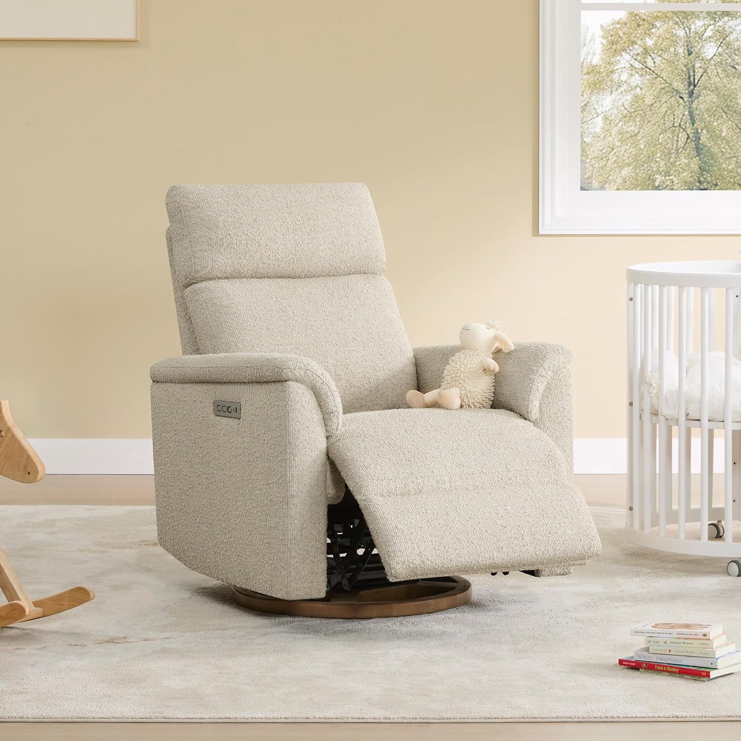 CHITA Power Swivel Glider for Adults with Nightlight, Nursery Recliner Chair with Power Headrest for Living Room, Bedroom, Water-Resistant Boucle Fabric in Sand