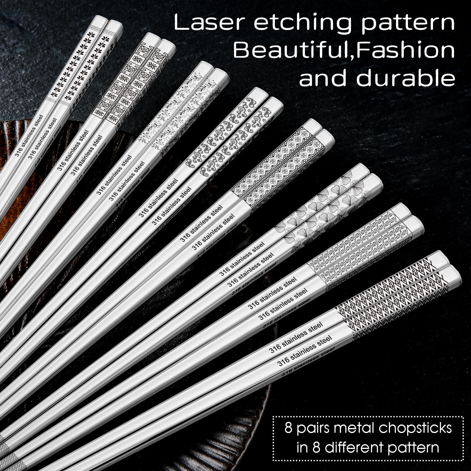8 Pairs Metal Chopsticks Reusable 18/10 Stainless Steel Chopsticks Set Cute Laser Engraved Non-slip Japanese Korean Chinese Chopstick for Cooking Eating Dishwasher Safe 9.25