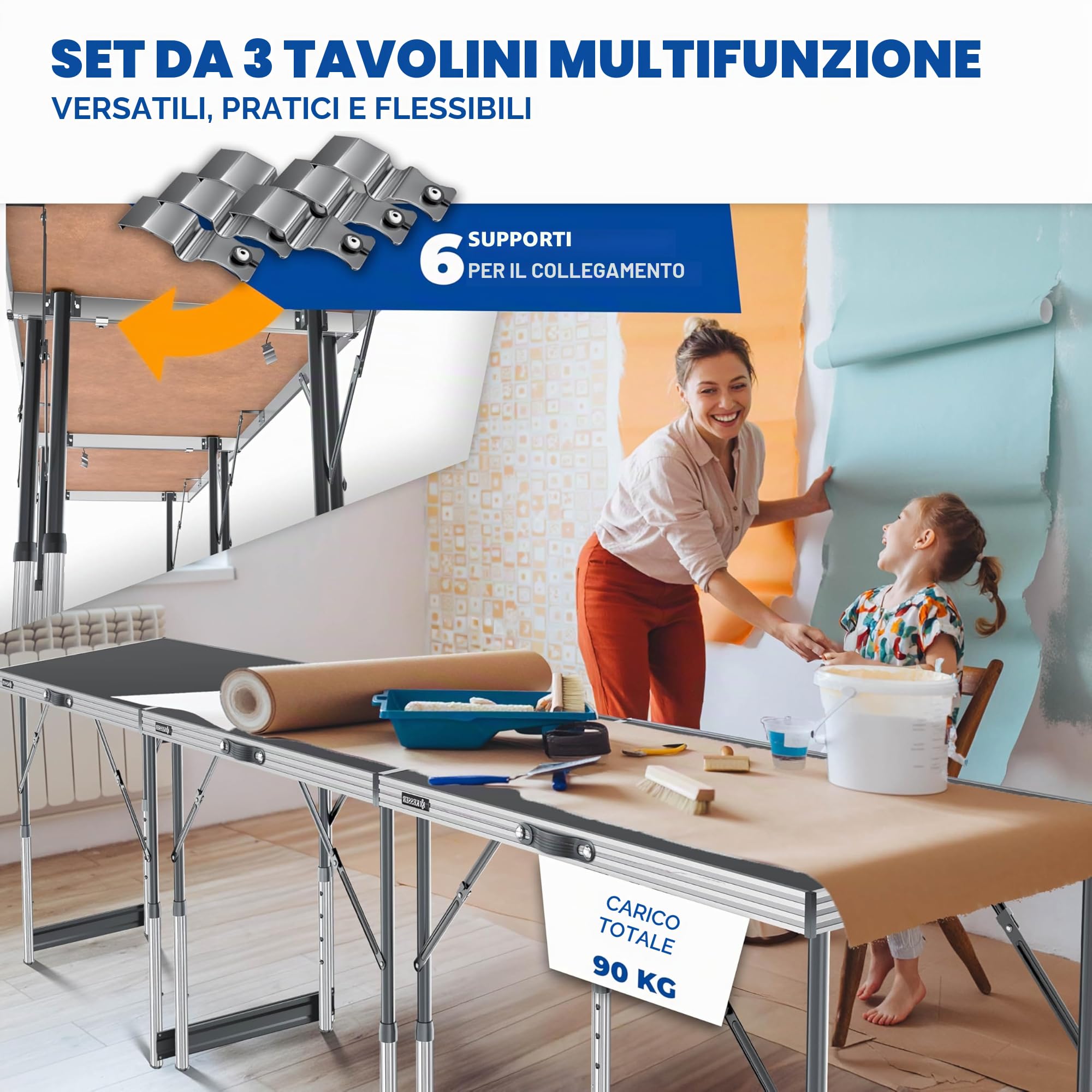 KESSER Tavolo multifunzione professionale, 3 pezzi, 100 x 60 cm, carico totale di 90 kg, con funzione estraibile, tavolo pieghevole per mercatino delle pulci, tavolo da campeggio multiuso, regolabile