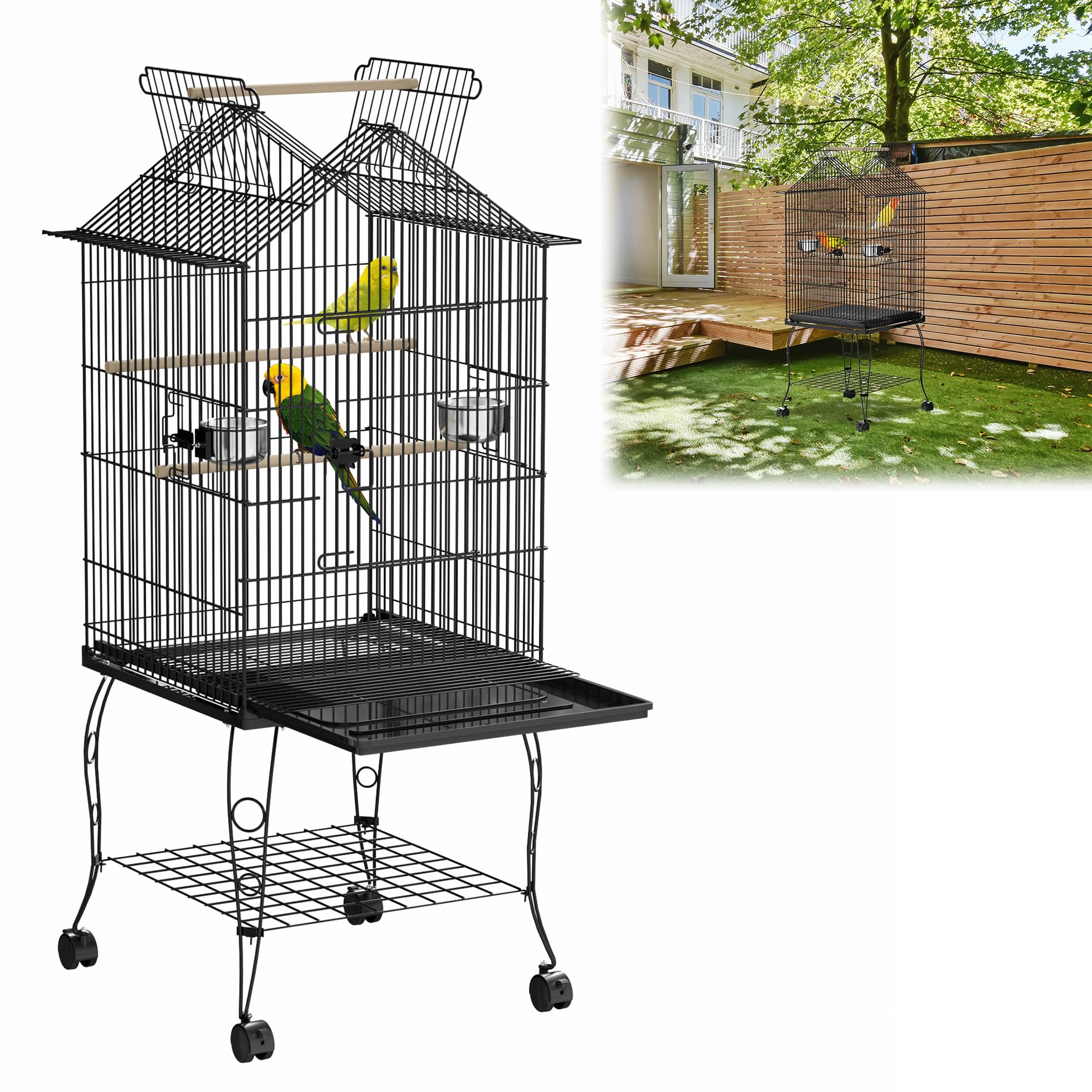 Vogelkäfig mit Rollen und Ständer – Vogelvoliere für Wellensittiche, Papageien und Sittiche – Wellensittichkäfig inkl. Holzstangen und Futternäpfe, Vogelhaus Typ A