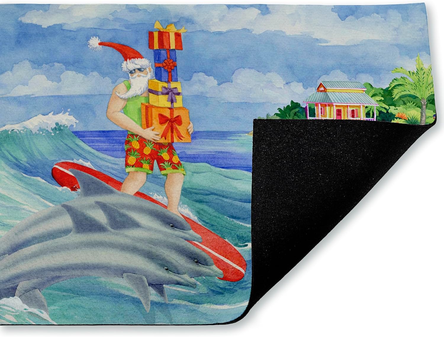 Stupell Industries Surfing Santa & Dolphins Outdoor Door Mat, Durable Non-Slip Unwoven Mat with Recycled Rubber Backing, Weather-Resistant Beach Holiday Surf Design by Paul Brent, 18"x30"