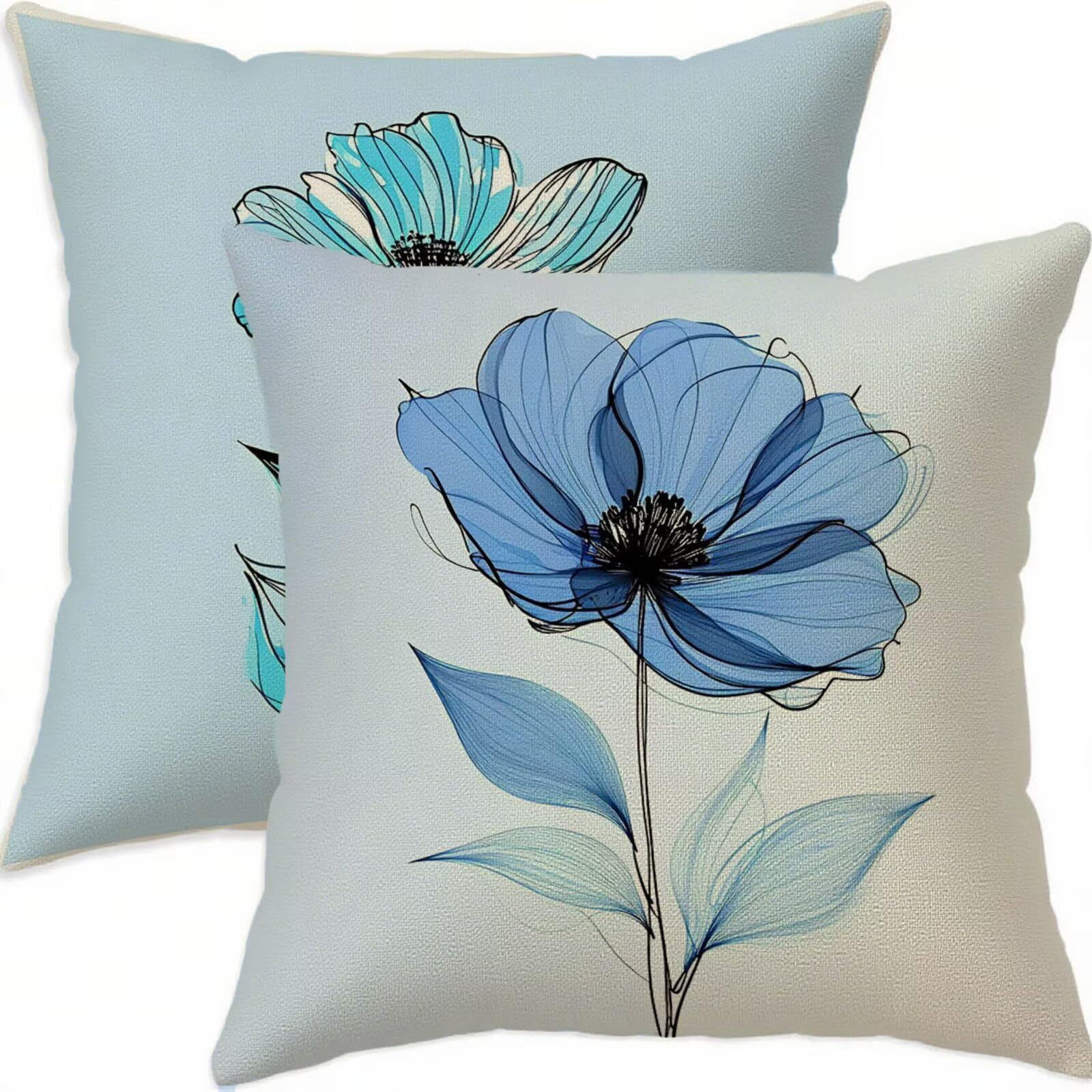 Housse coussin 70x70cm lin bleu imperméable au design vintage chic avec zip invisible