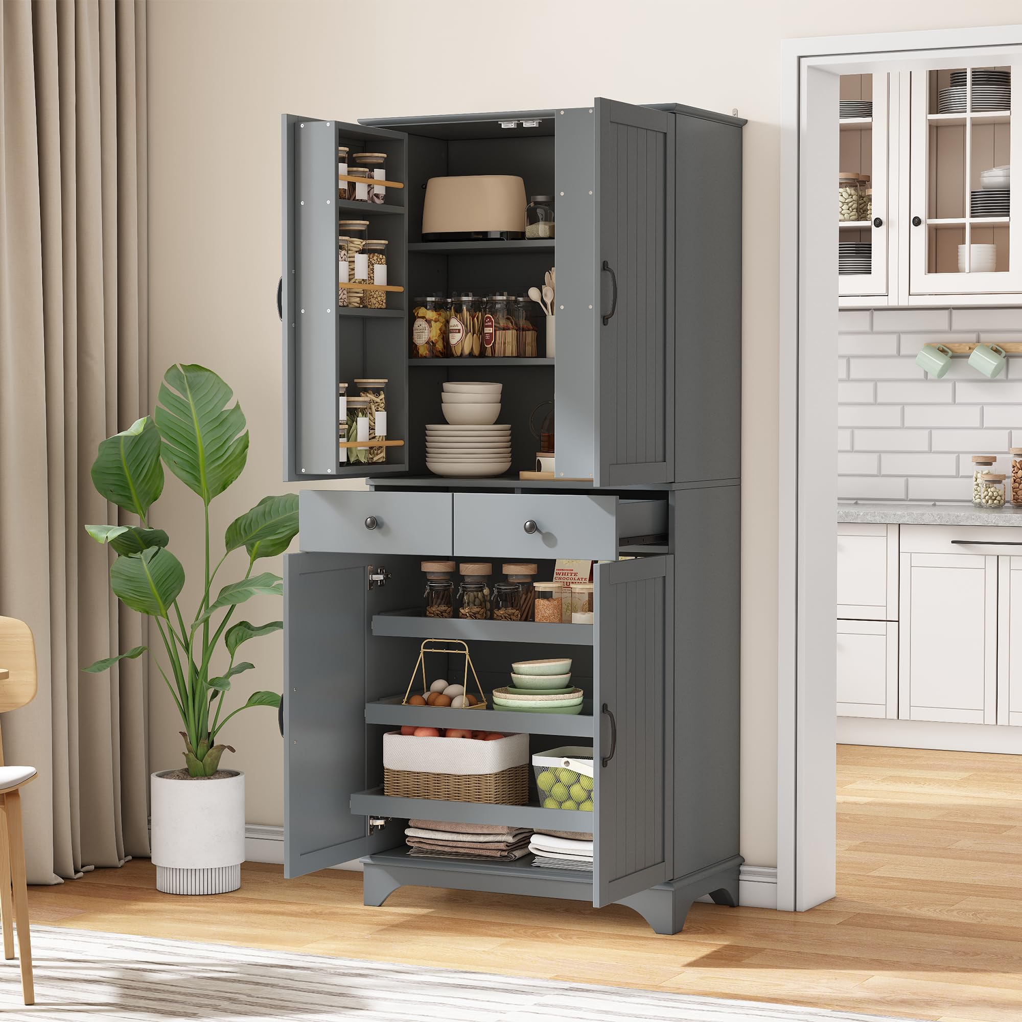 Armario alto con estantes ajustables y cajones, estantería con estantes extensibles y puertas de frigorífico, ideal para comedor, salón y cocina (gris)