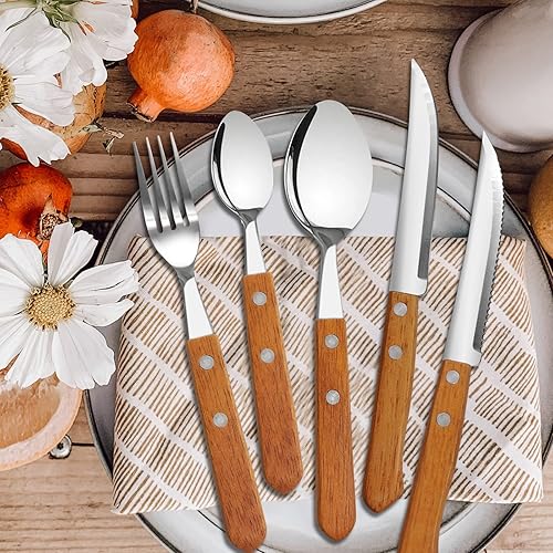 Miniatura 7 de Daily Treasures Juego de cubiertos de 48 piezas, cubiertos de acero inoxidable con asas de madera, utensilios de primera calidad, cuchillo tenedor y