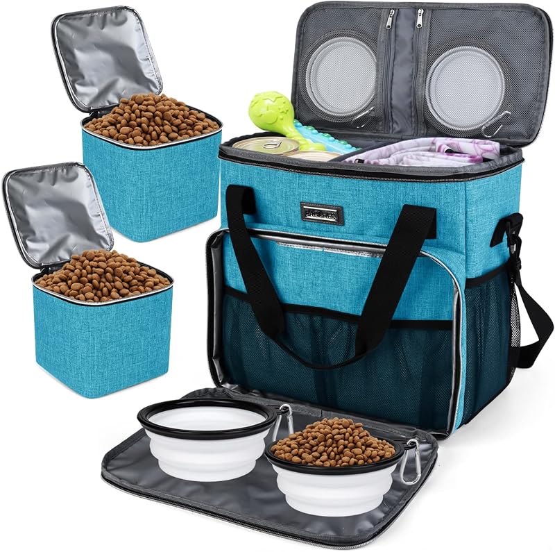 Bolsa de Transporte para Cães BAGLHER com 2 Potes para Ração e 2 Tigelas Dobráveis de Silicone, Azul-claro