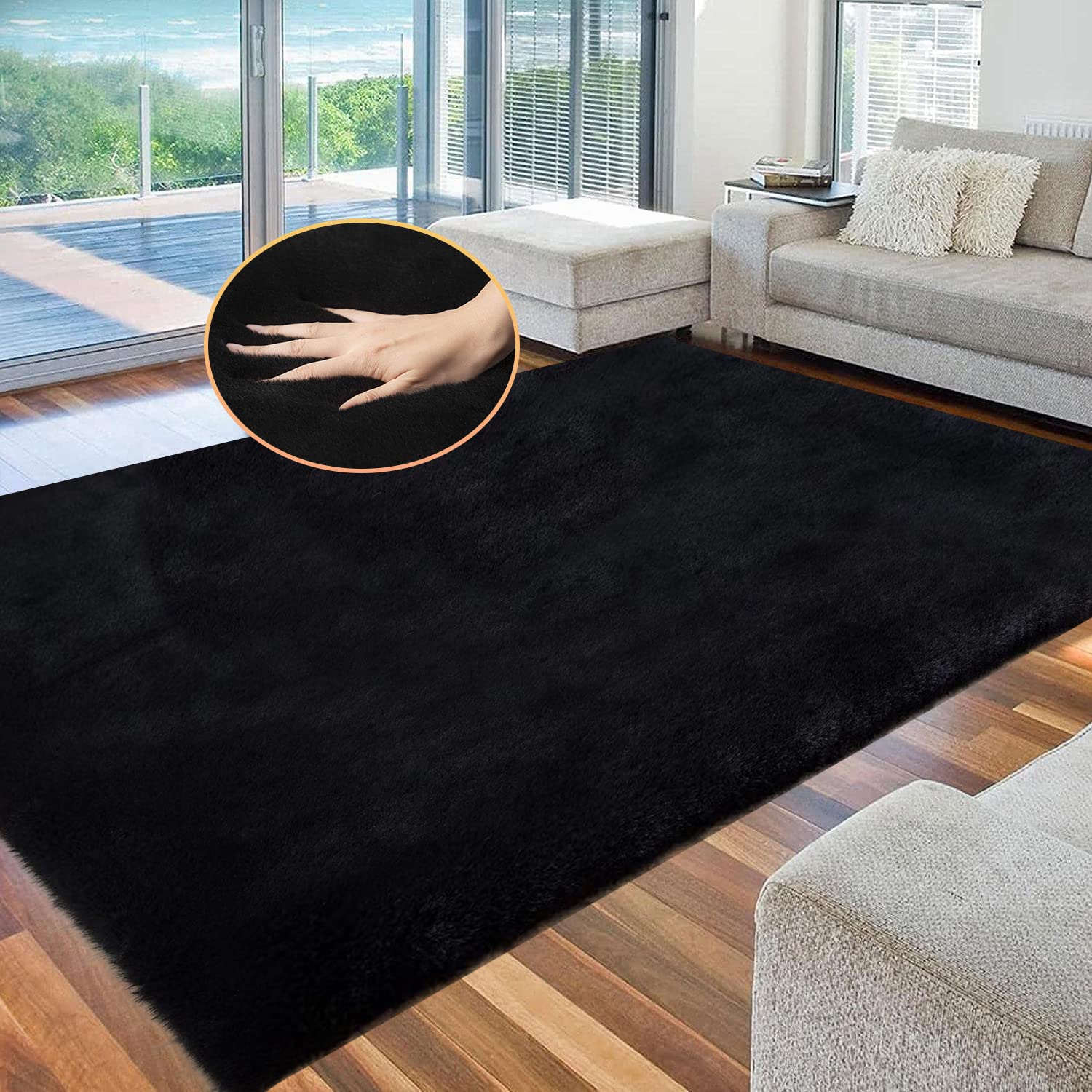 Black Washable Area Rugs 6x9 Rugs for Living Room Faux Rabbit Fuzzy Fur Rug for Bedroom Nursery Rugs Room Décor