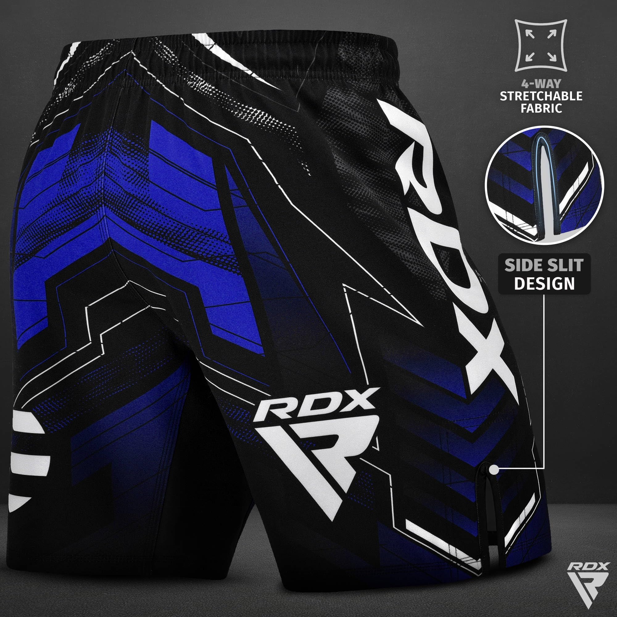 RDX Pantalones cortos de MMA aprobados por IMMAF, diseño de aberturas laterales, adecuado para boxeo, muay thai, kickboxing y entrenamiento de gimnasio