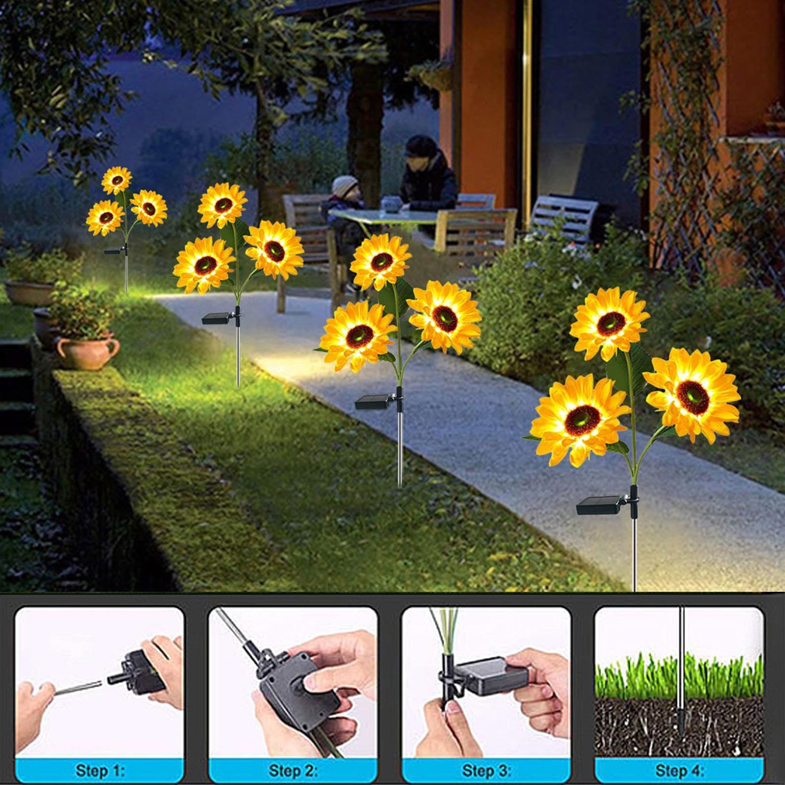Lampada solare a forma di girasole, impermeabile, per esterni, per giardino, cortile, patio, vialetto, vialetto, prato, aiuole, alberi, portico