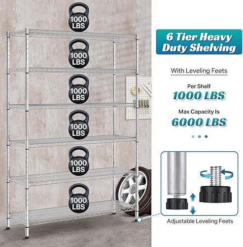 Miniatura 4 de Dkeli Estantería comercial resistente de 6 niveles, estante de alambre de acero con ruedas de capacidad de 6000 libras, estante de almacenamiento