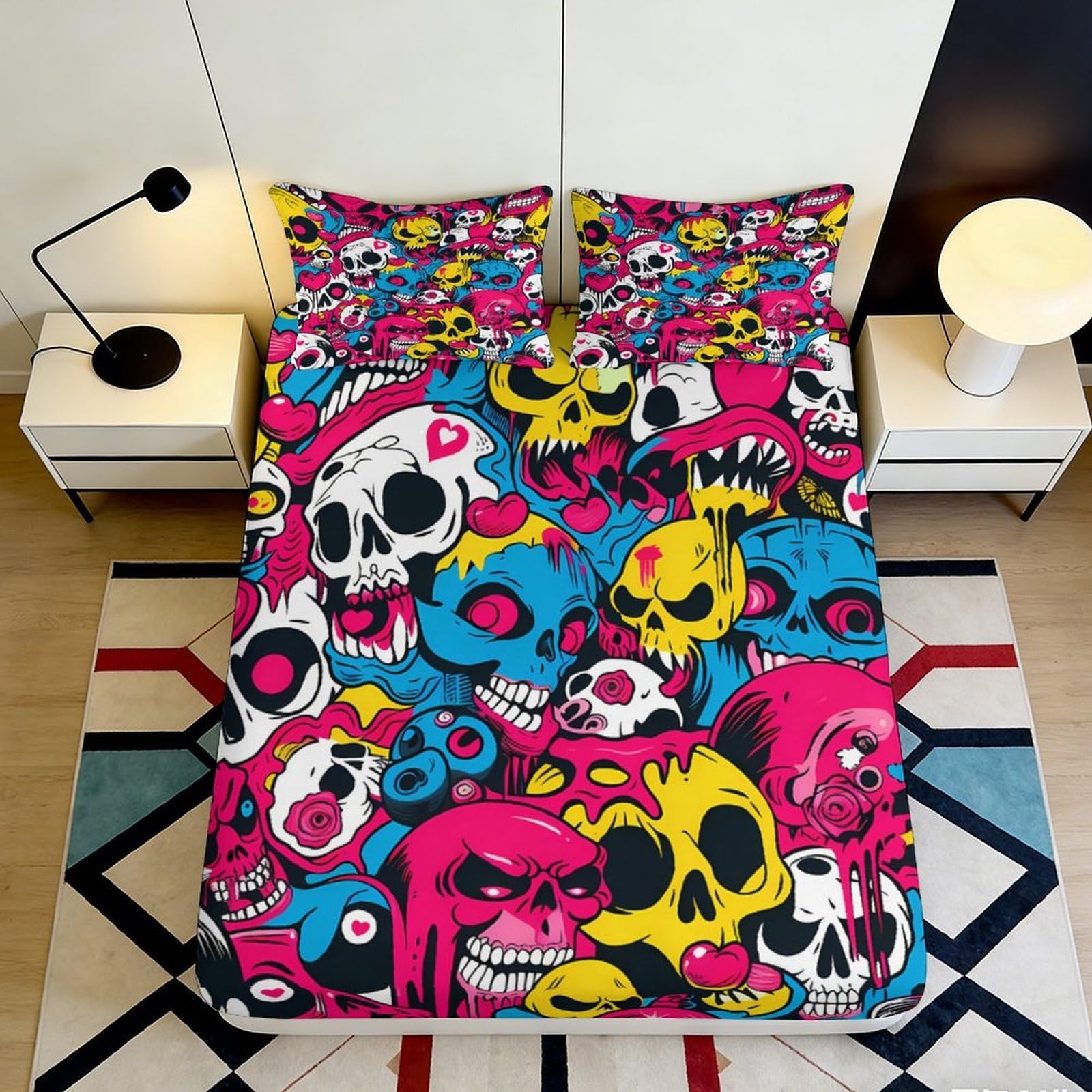 Pnayamiorkfel Style-3 3D Printed Graffiti Skull Fitted Sheet Microfiber Vibrant Cartoon Bed Cover For Bedroom Dorm Mattress Protection Decor 90X200x25cm