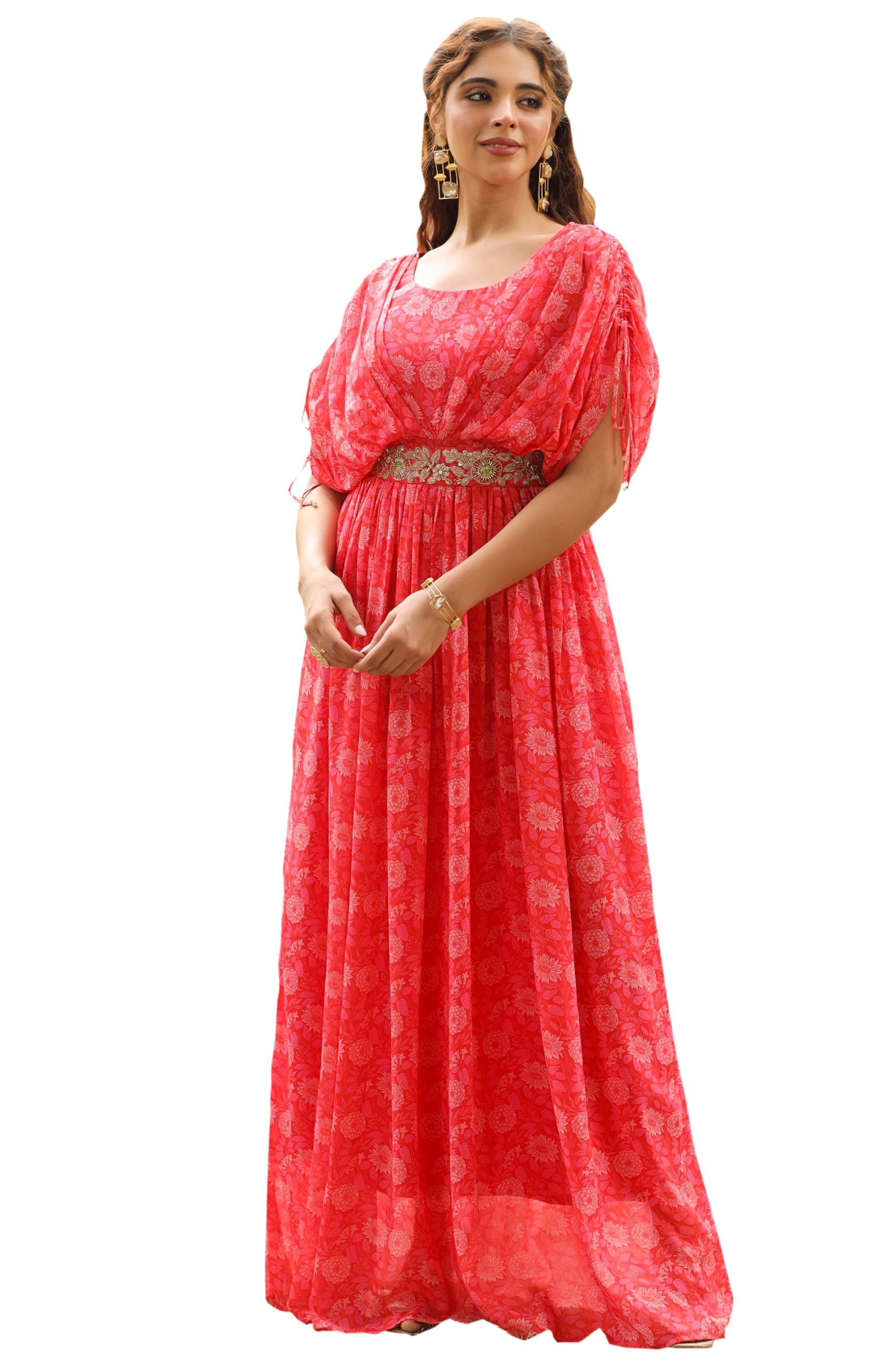 Women's Pink Georgette Floral Printed Maxi Gown with Embellished Belt-image-20