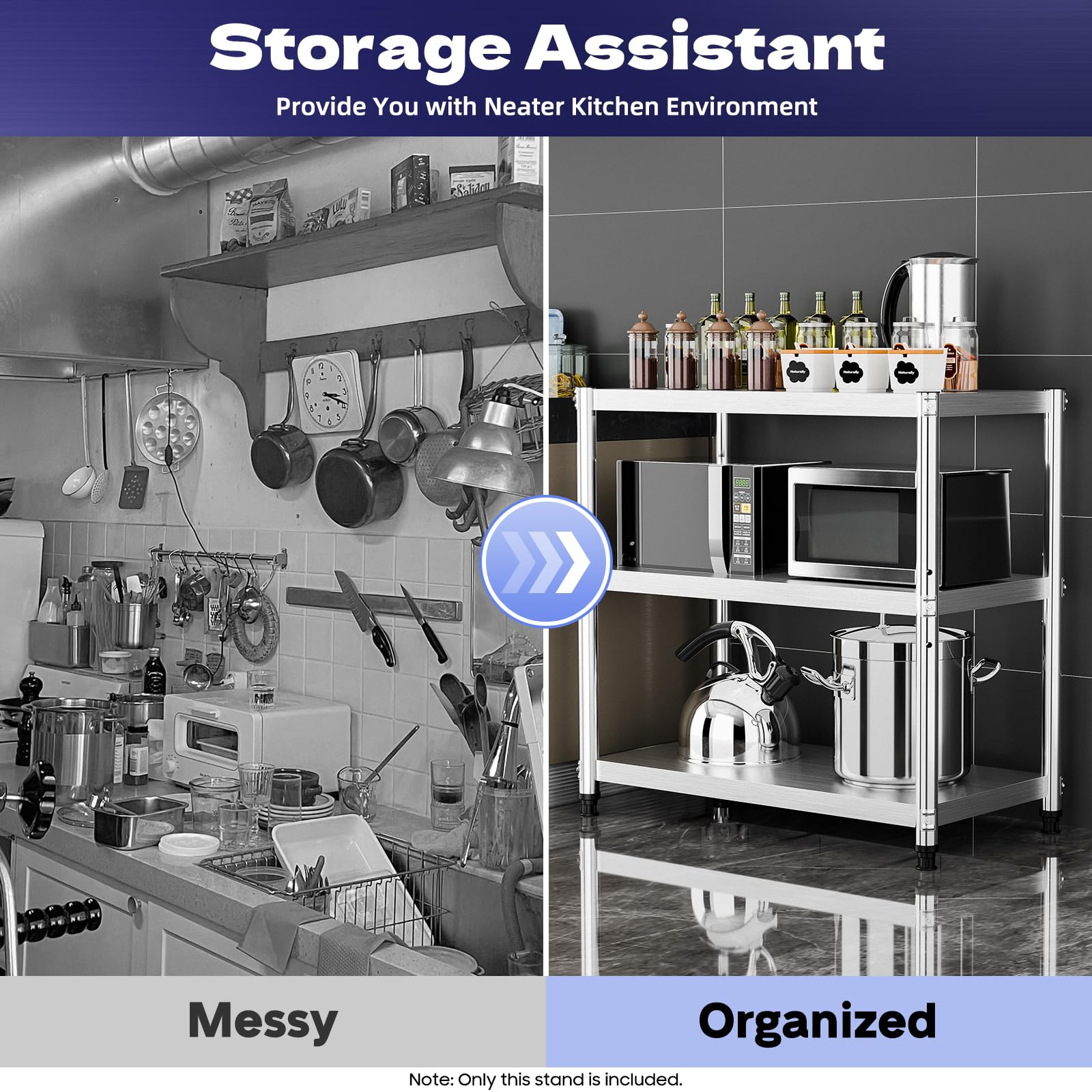 PSUFURV 3 Tier Stainless Steel Shelves, Heavy Duty Shelving Adjustable Commercial Grade Steel Kitchen Shelf for Home Kitchen Supermarket Restaurant Industrial Shelving