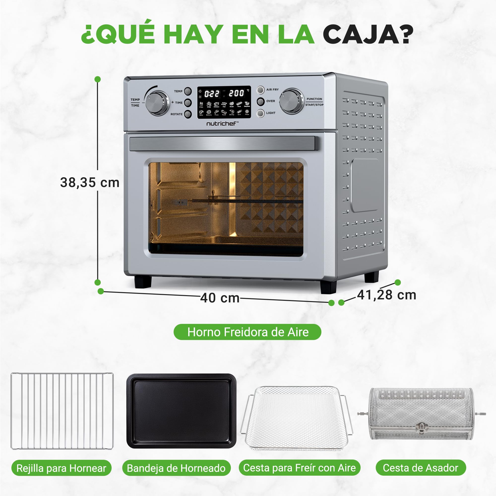 Nutrichef freidora aire, Air fryer, 26L, Horno, Electrico, 10 funciones automaticas, Incluye Bandeja recolectora, canasta para freír y rejilla para hornear