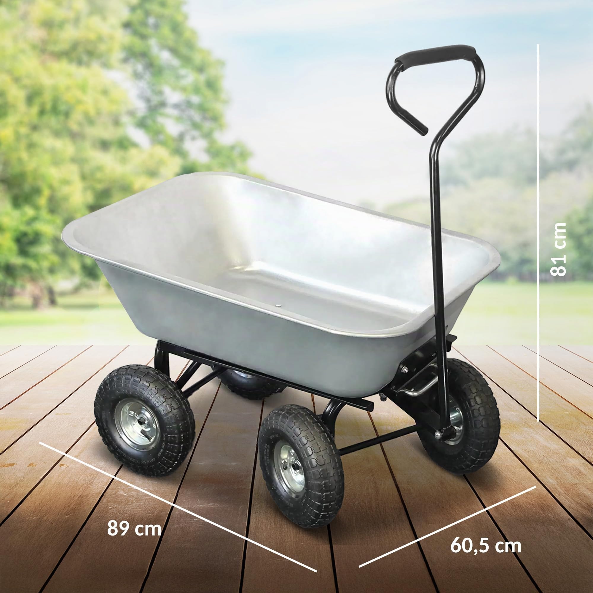 FISHTEC - Handwagen für den Garten 75 l - Anhänger mit Schubkarre und 4 Luftreifen - Kippmulde - Maximale Tragkraft 250 kg - Langer Griff - 86 x 60,5 cm - Verzinktes Metall