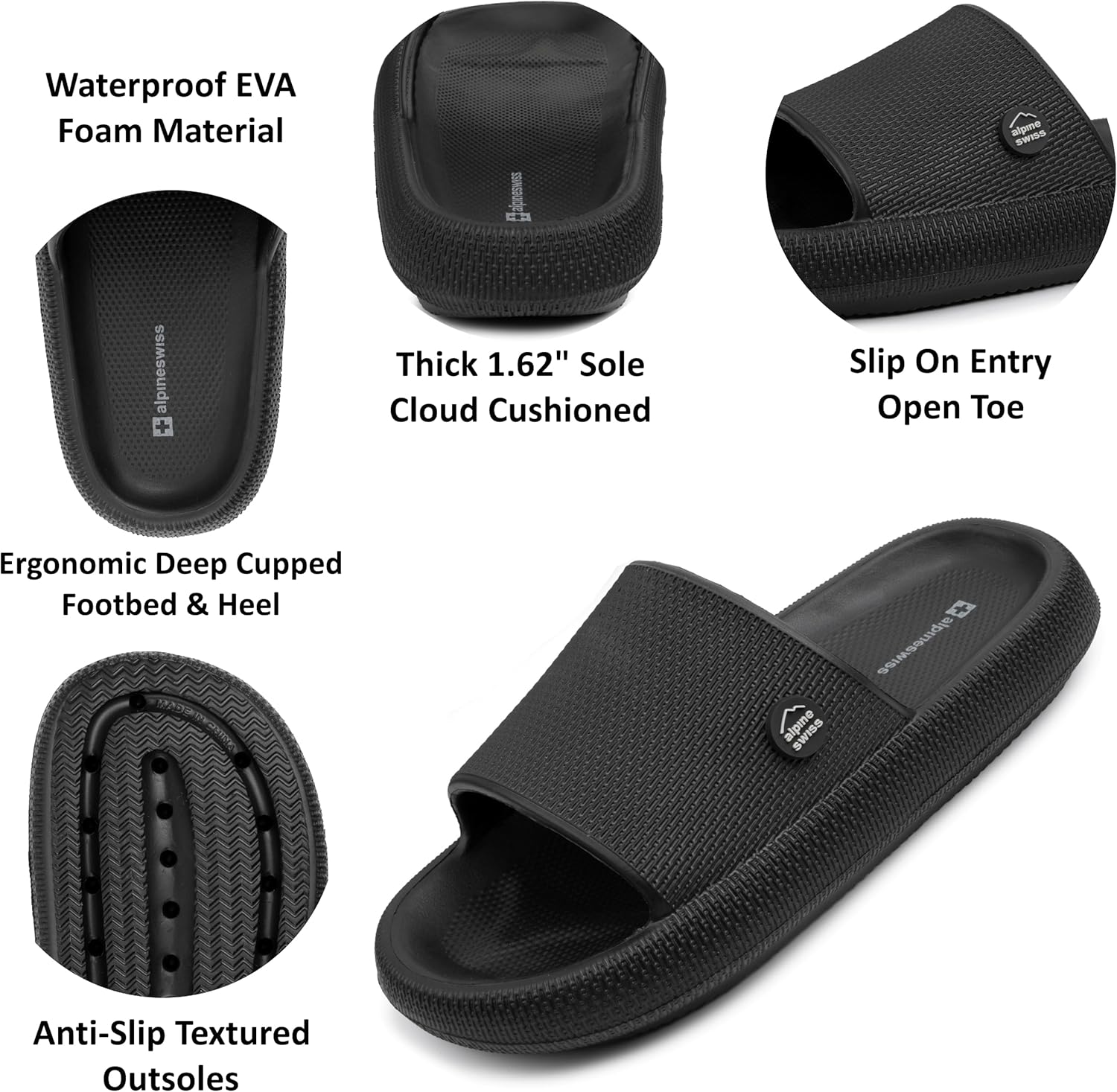 Alpine Swiss Omar Mens Slides Pillow Slippers for Men Ultra Cushioned Cloud Slides Waterproof Lightweight Sandals Quick Drying Non Slip Shower Shoes - Image 2