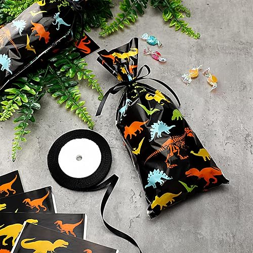 Miniatura 4 de Outus 100 bolsas de celofán de dinosaurio, esqueleto de dinosaurio, bolsas de recuerdos de fiesta con un rollo de cinta para bocadillos de