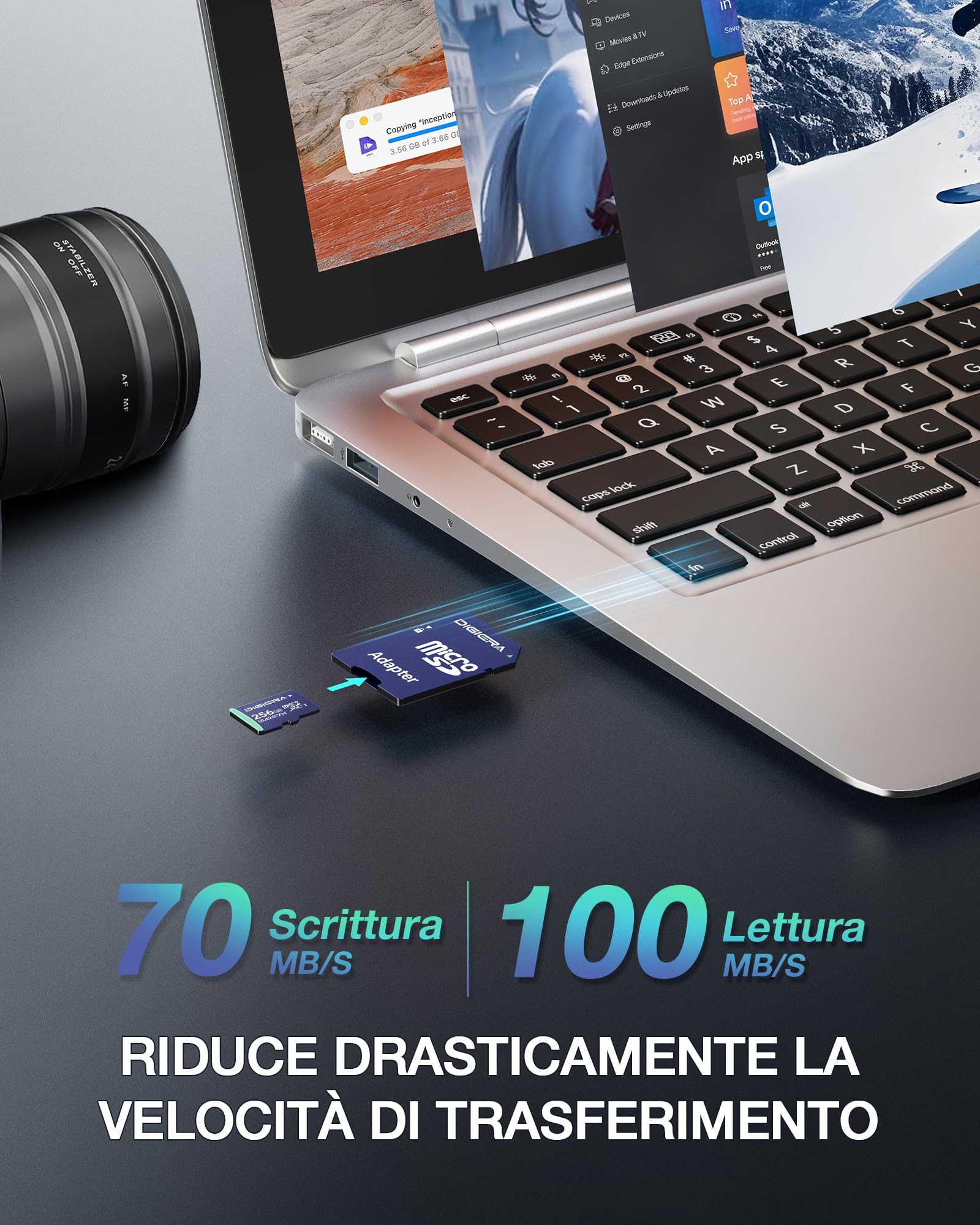 256 GB Scheda di Memoria microSDXC UHS-I CT100 con Adattatore - Fino a 100 MB/s, C10, U3, V30, Full HD, A2, per Smartphone, Tablet, Fotocamere, Console di Gioco e Droni (Confezione da 1)