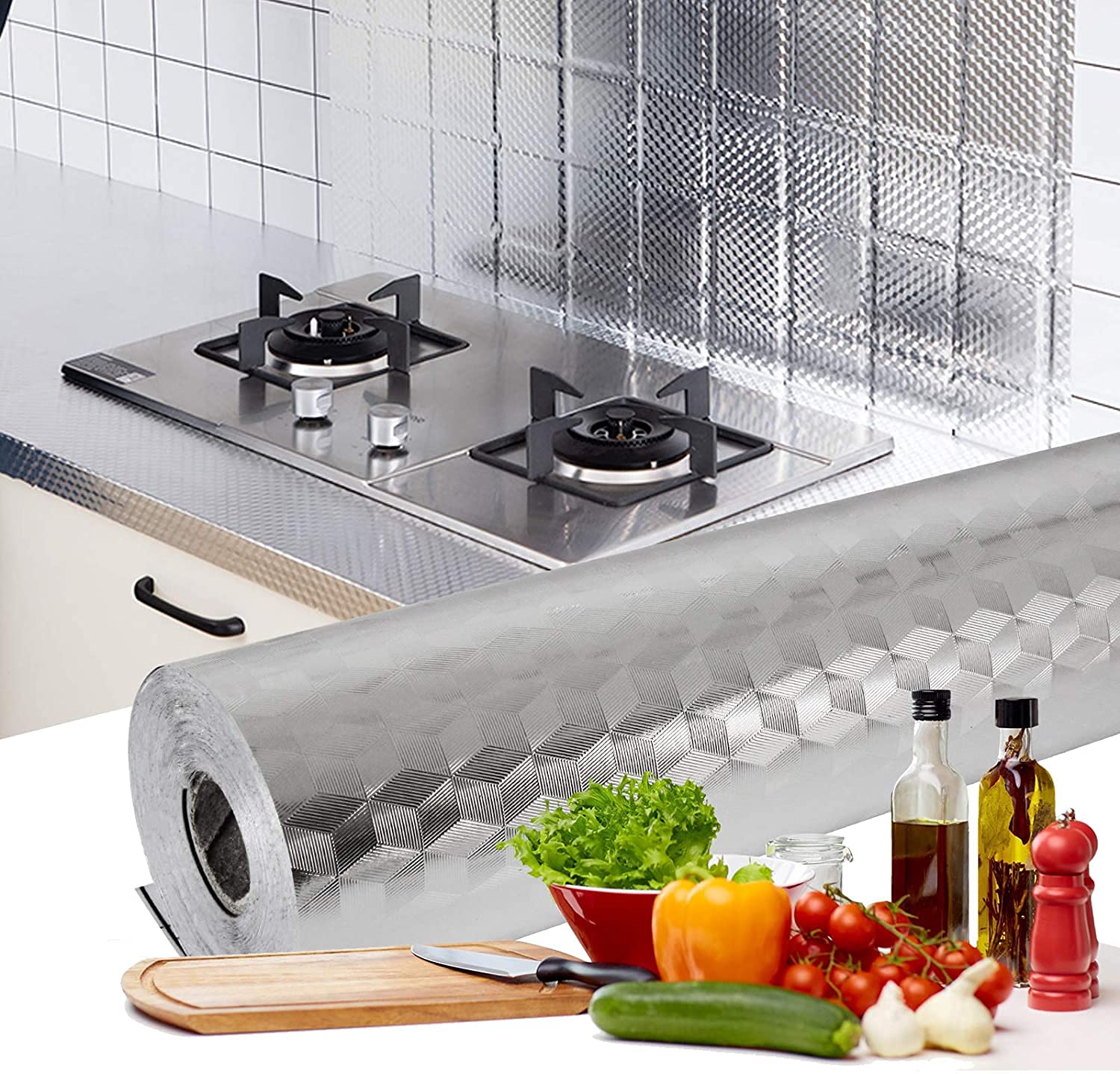 AMULAKH Self Adhesive Kitchen Backsplash Wallpaper, Oil Proof Aluminum Foil Kitchen Sticker Heat